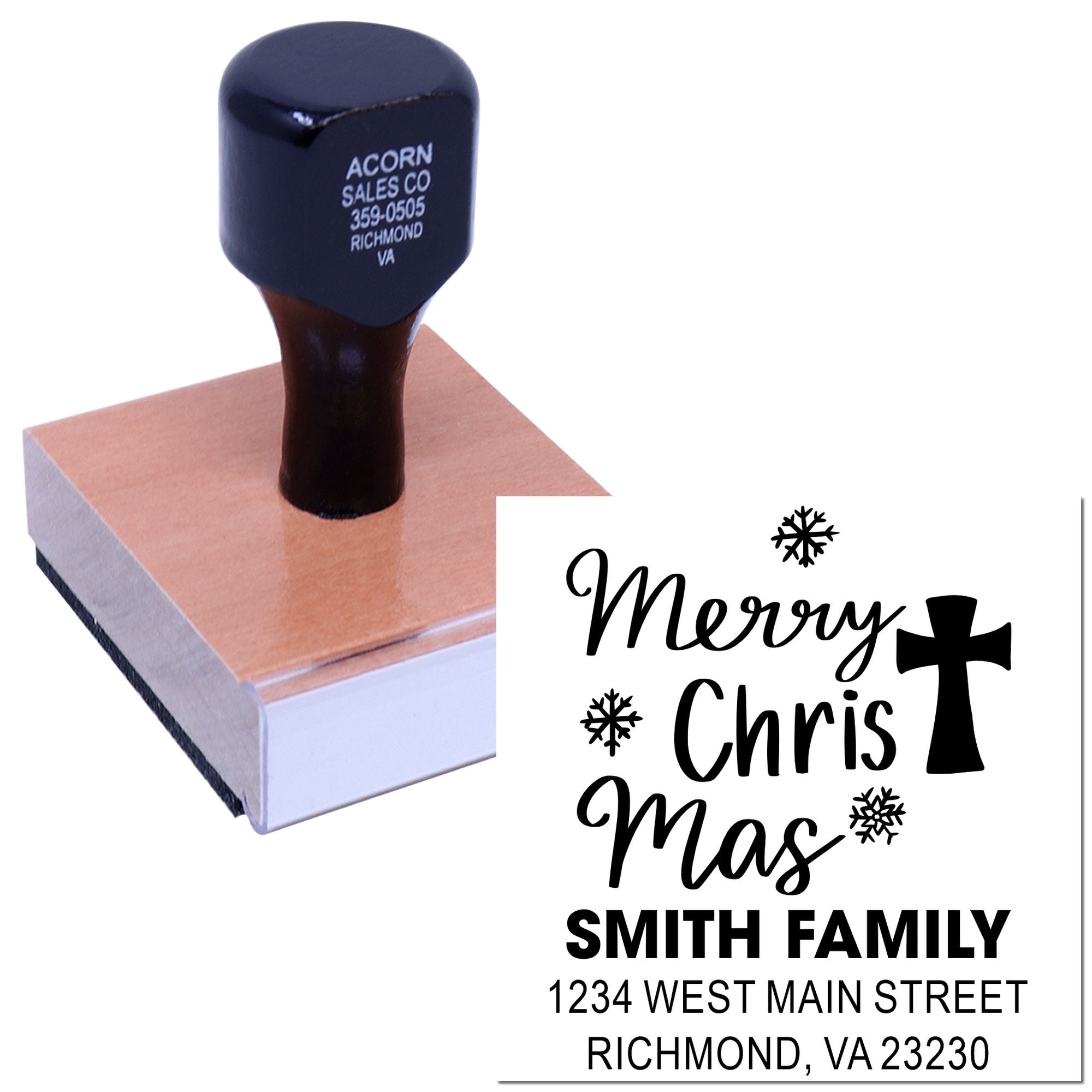 Custom Christmas return address rubber stamp with Merry Christmas design, family name, and mailing address.