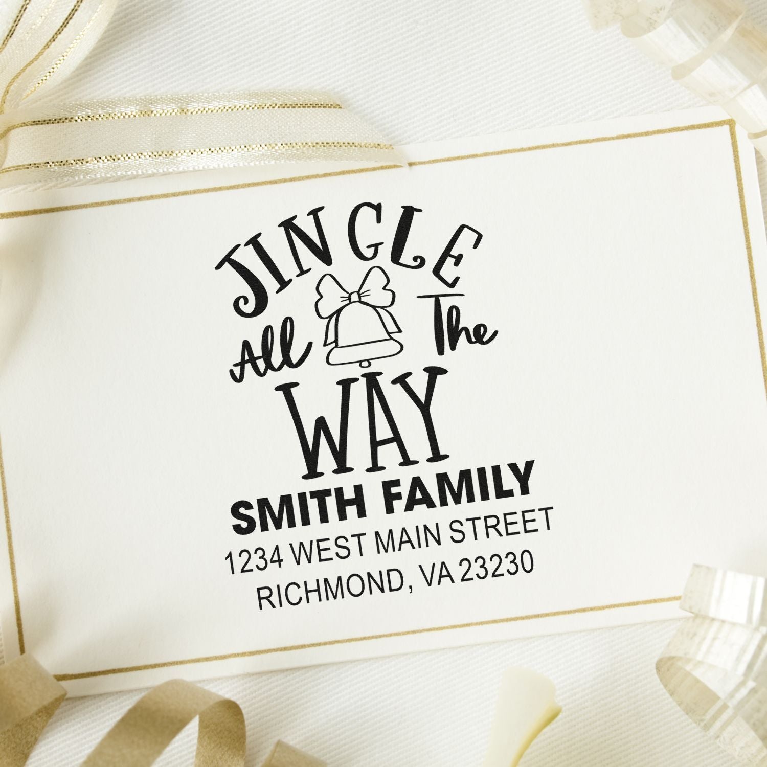 Personalized Christmas return address rubber stamp with Jingle All the Way design for holiday cards and envelopes.