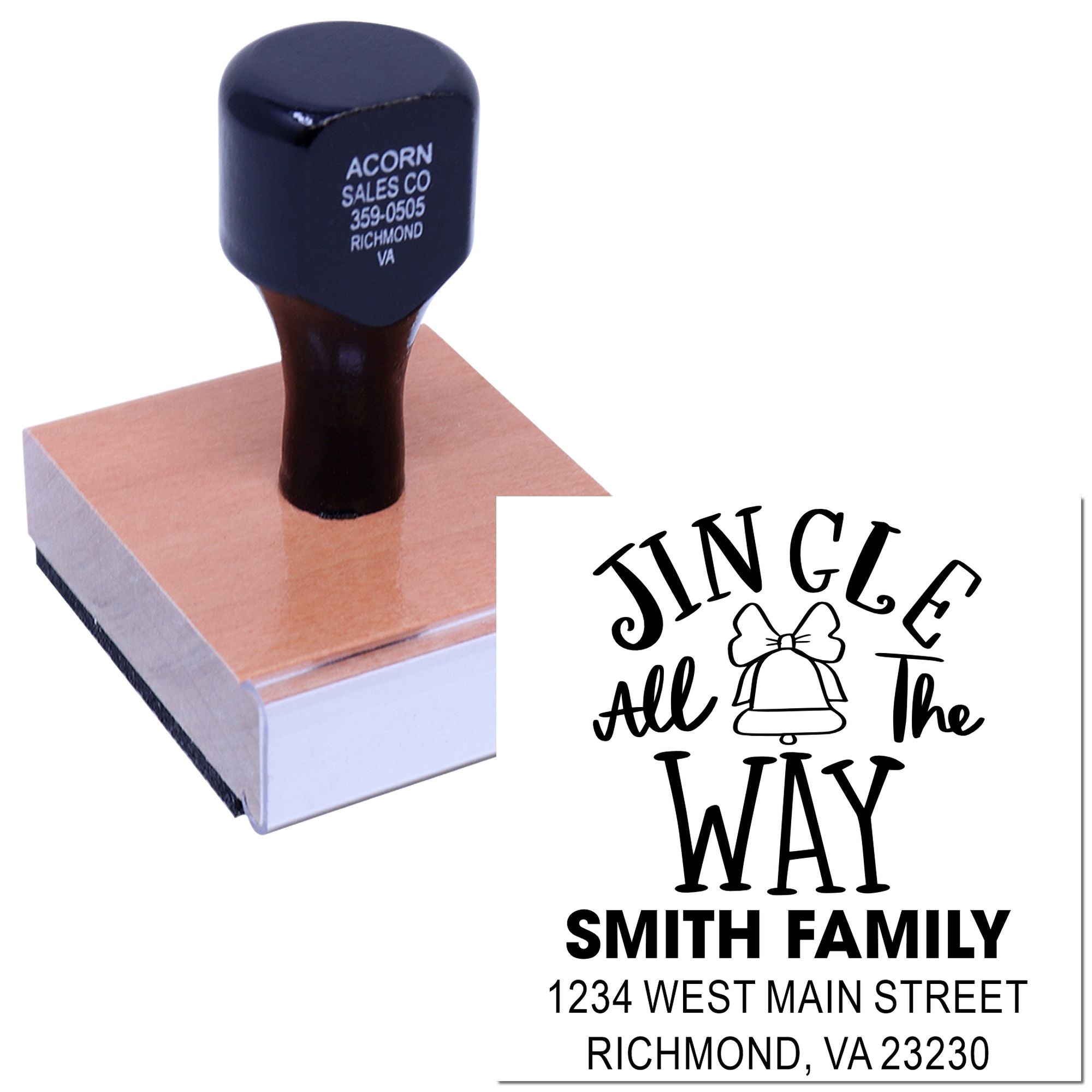 Custom rubber stamp with personalized family name, address, and holiday design for cards, mail, or wedding stationery.