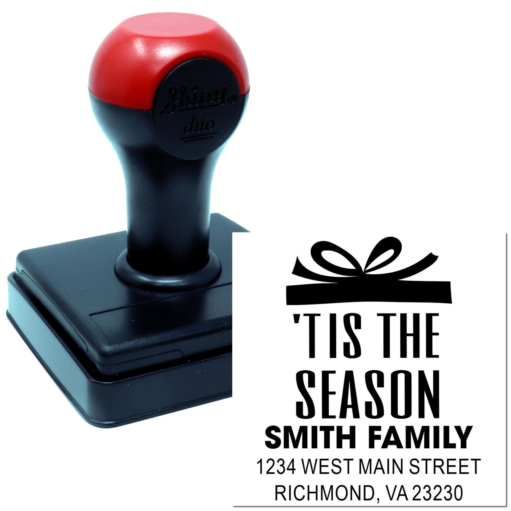 Custom self-inking rubber stamp with Tis the Season family return address design for holiday cards and mail.