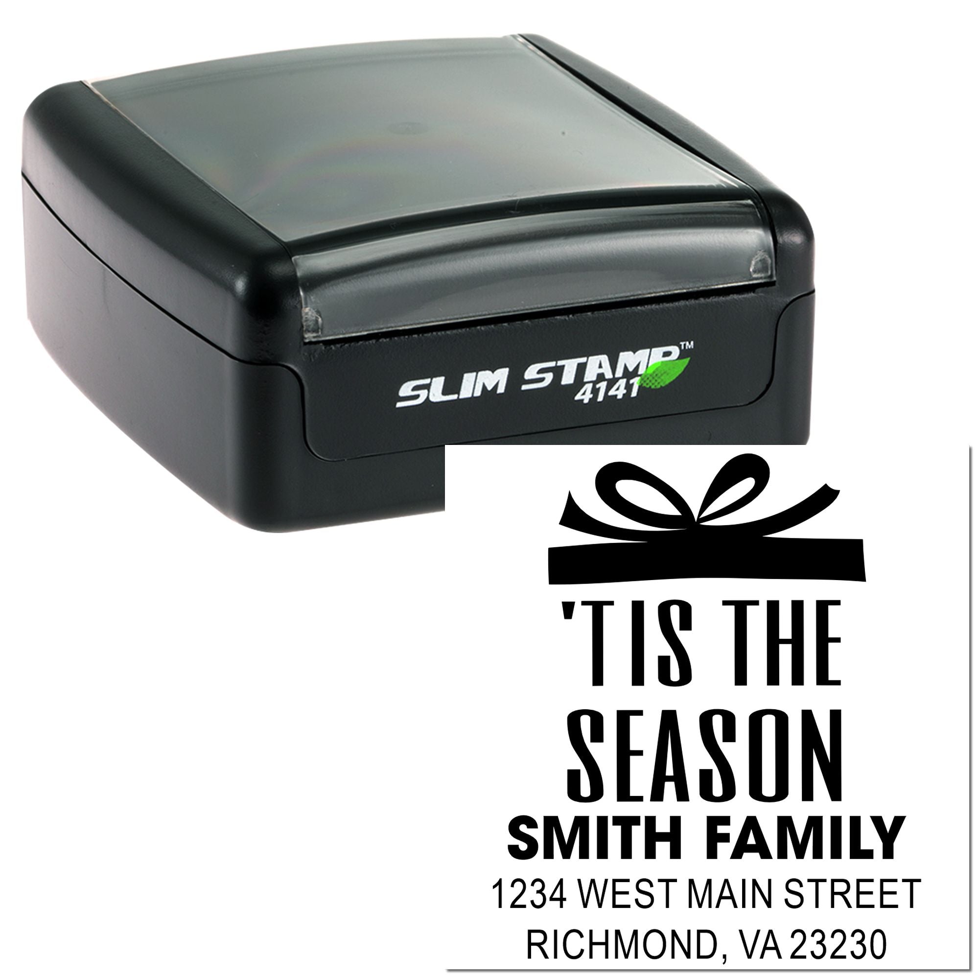 Custom self-inking rubber stamp with holiday return address design for Smith Family seasonal mailings.
