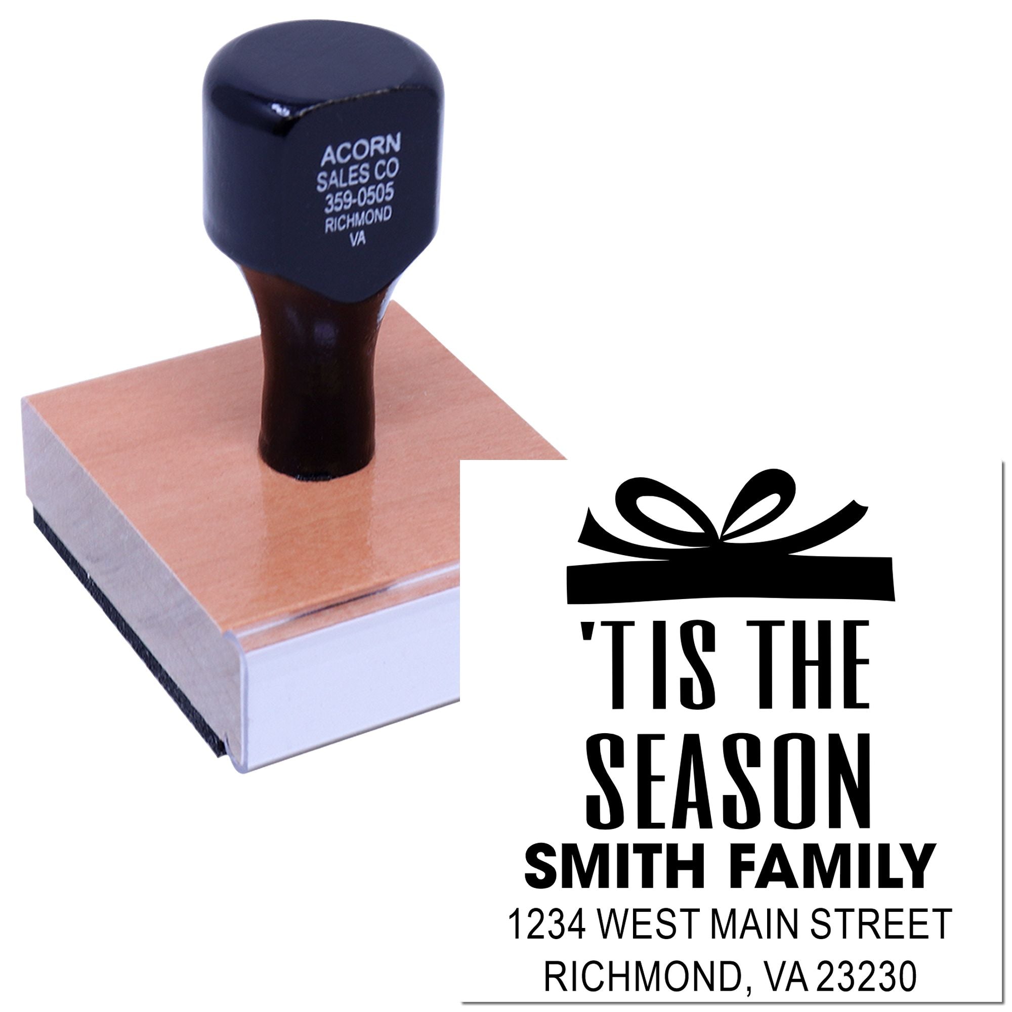 Personalized rubber stamp with holiday return address and gift tag design for Smith family seasonal mailings.