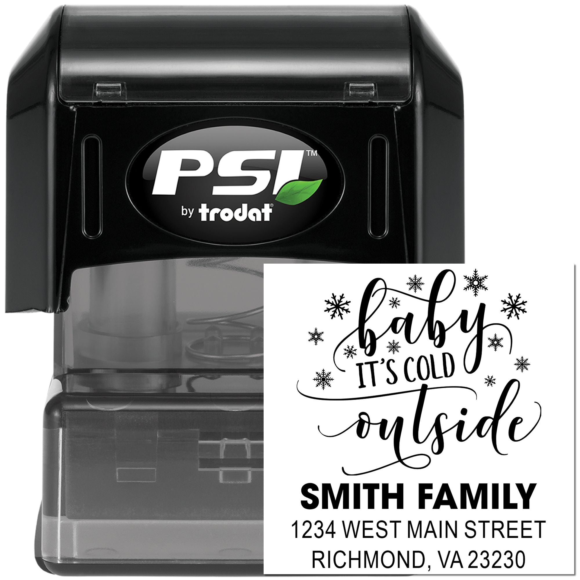 Personalized winter return address rubber stamp with PSI by Trodat self-inking stamp, Baby Its Cold Outside design.