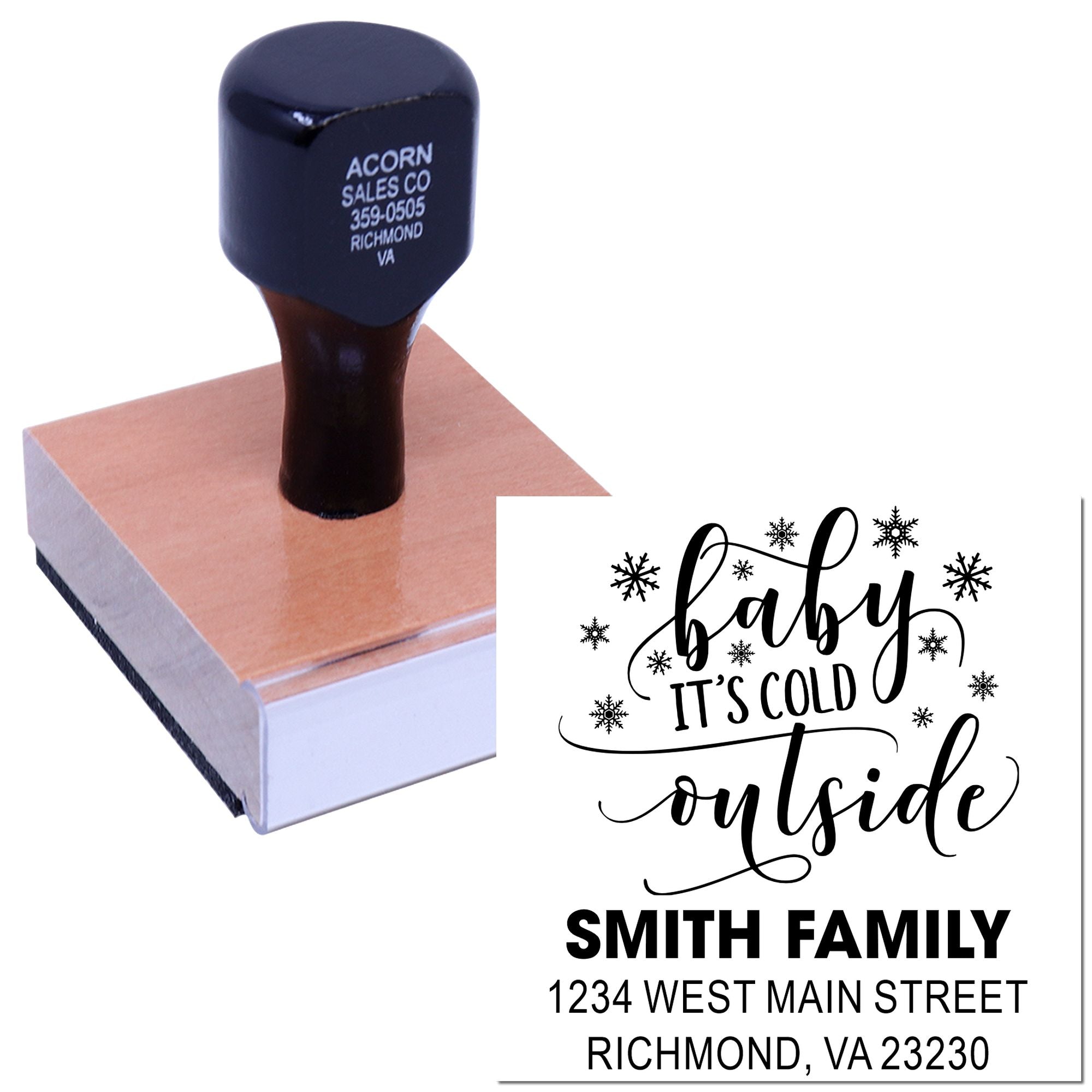 Custom self-inking rubber stamp with winter Baby Its Cold Outside family address design for holiday cards.