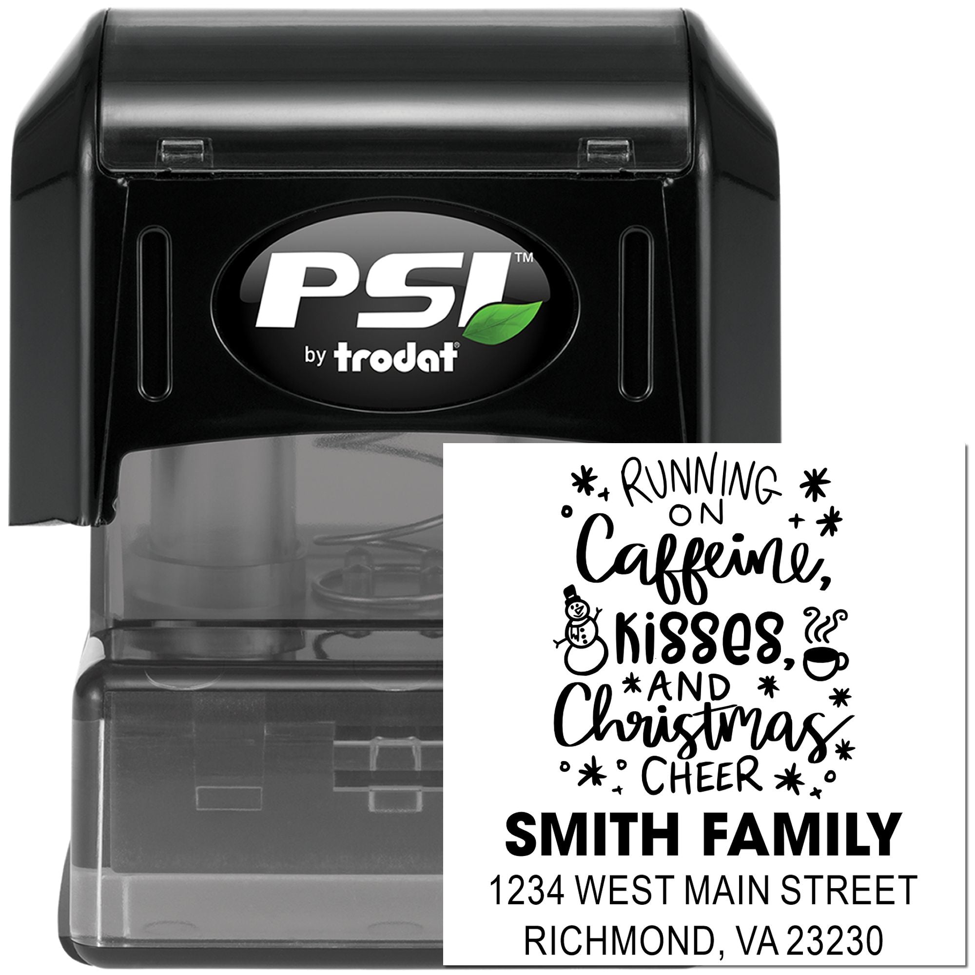 Personalized holiday return address rubber stamp, PSI by Trodat, for Christmas cards with Running on Caffeine, Kisses and Christmas Cheer design.