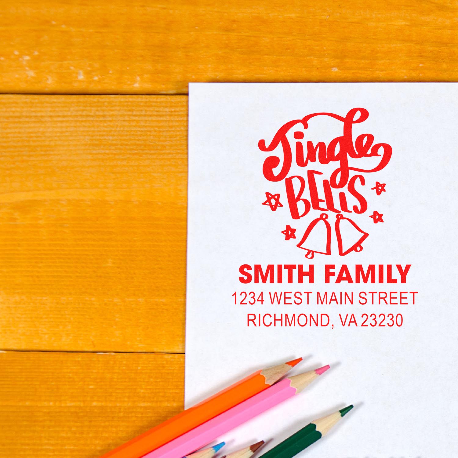 Single Bells personalized Christmas return address rubber stamp for Smith family holiday cards and envelopes.