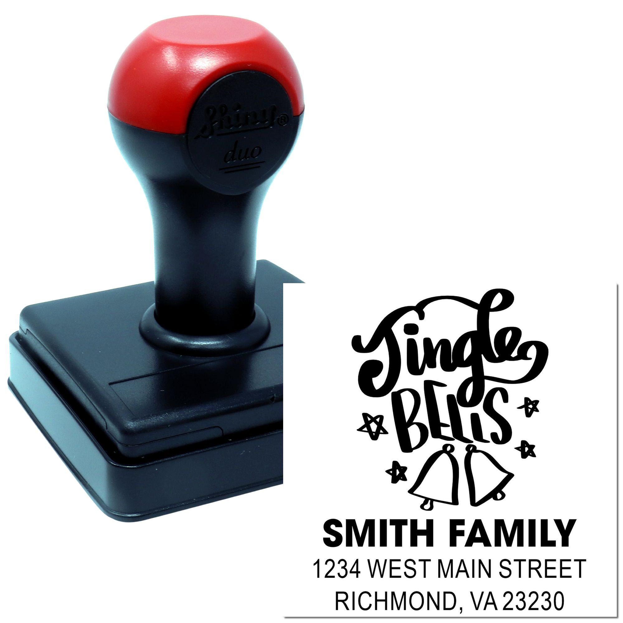 Custom self-inking rubber address stamp for personalized mail, wedding invitations, and family stationery.
