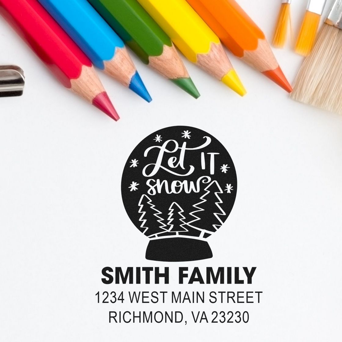 Personalized holiday rubber stamp with snow globe design, Let it snow, Smith Family name and address for festive mailing.