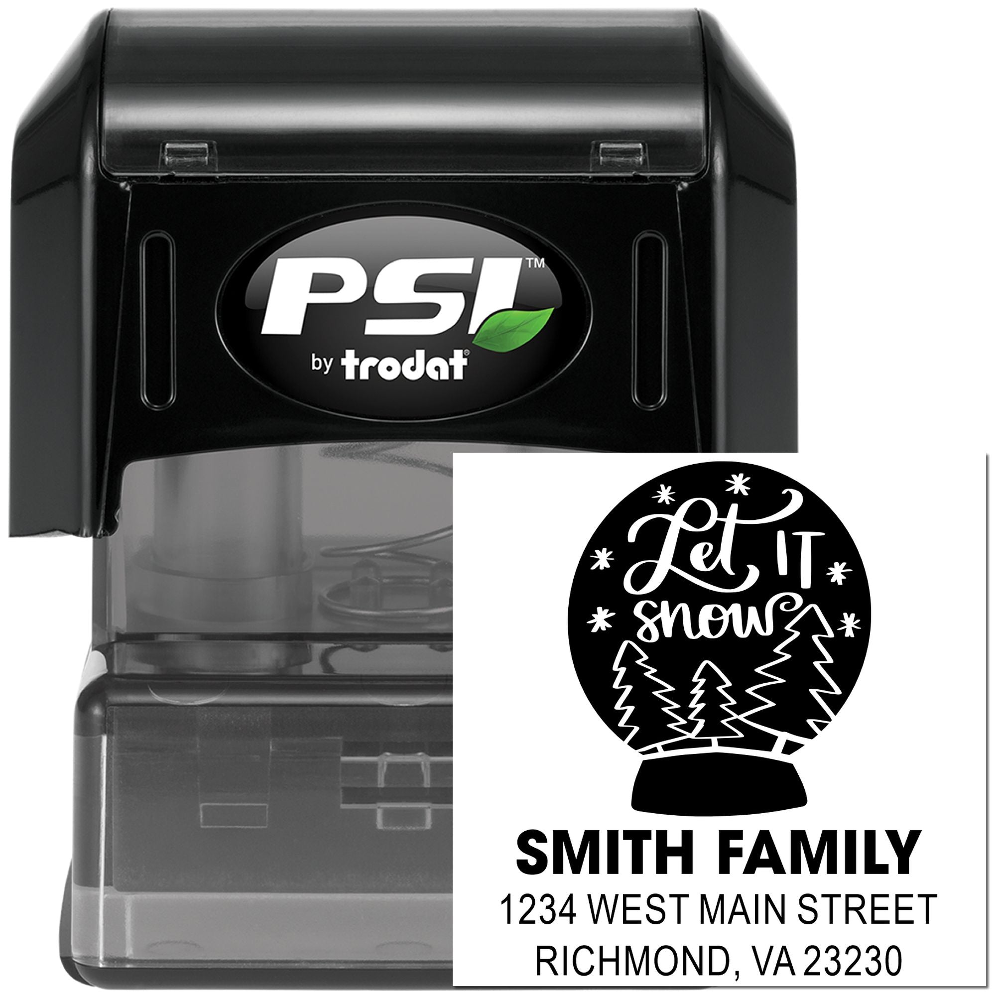 PSI by Trodat self-inking personalized address rubber stamp with winter Let It Snow design and Smith family imprint