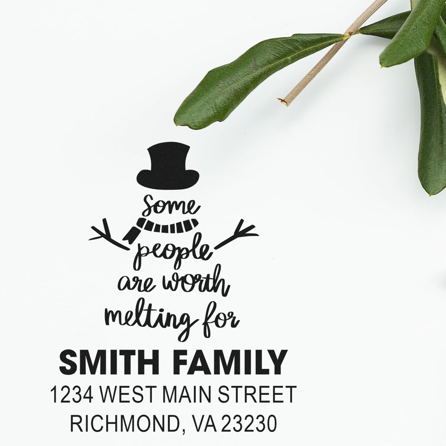 Custom personalized snowman address stamp with Some people are worth melting for, Smith family name, and return address