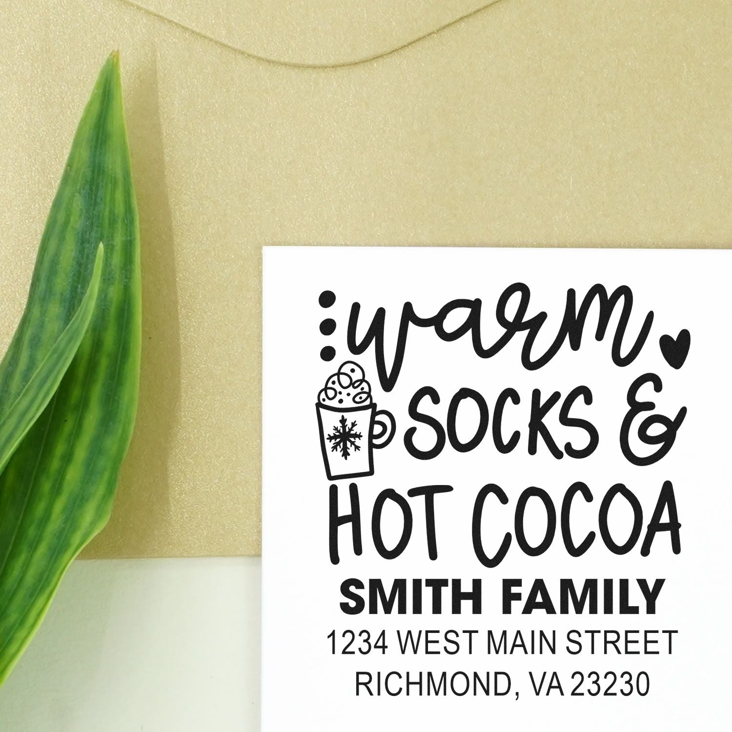 Personalized return address rubber stamp with warm socks and hot cocoa winter design for Smith Family