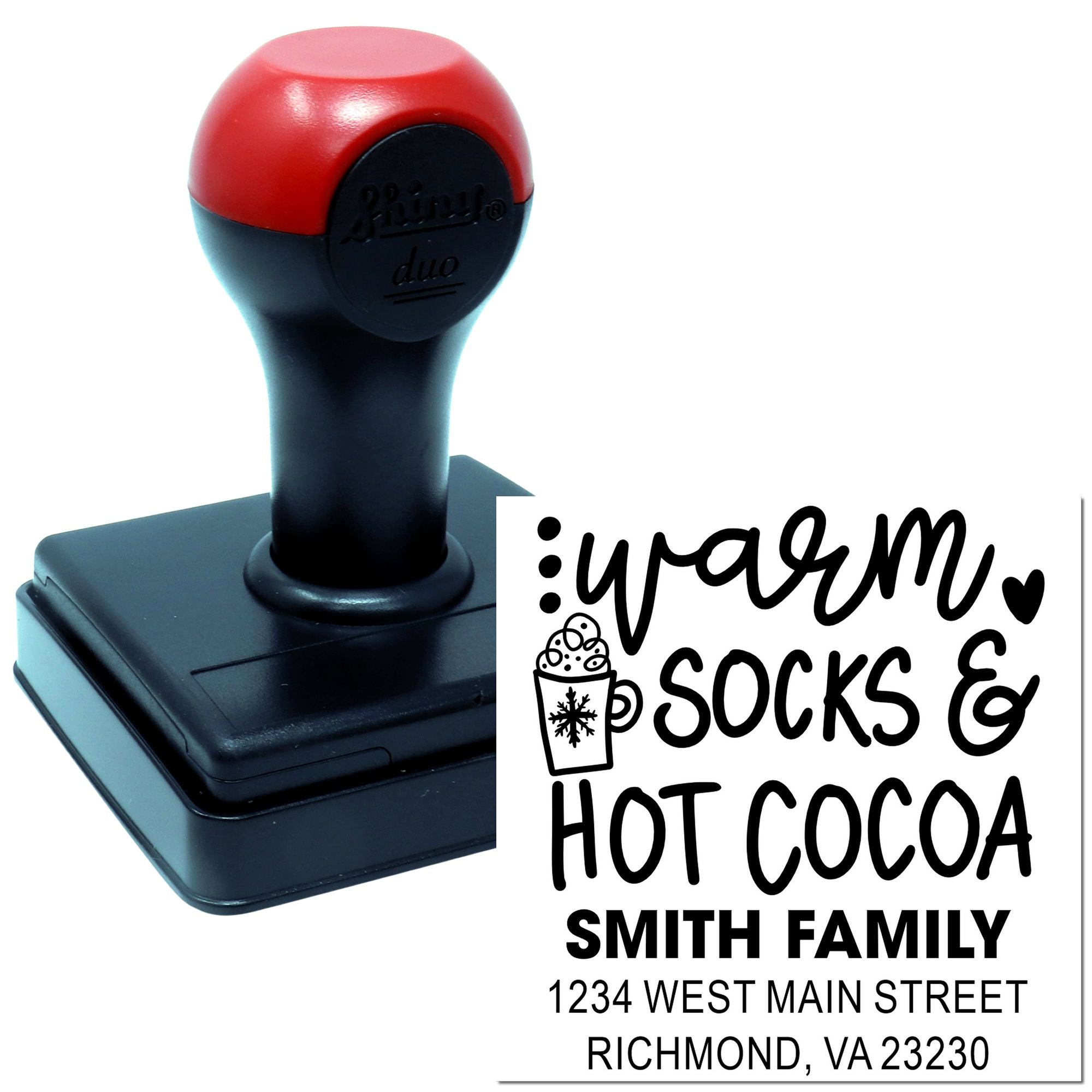 Personalized self-inking rubber stamp for holiday return address labels, featuring warm socks and hot cocoa for the Smith family.