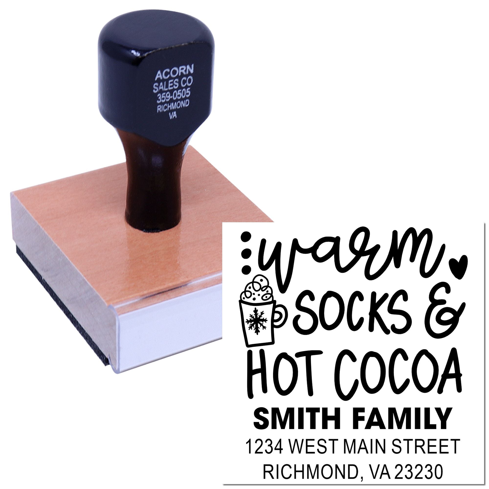Custom holiday rubber stamp with Warm Socks & Hot Cocoa Smith Family return address design.