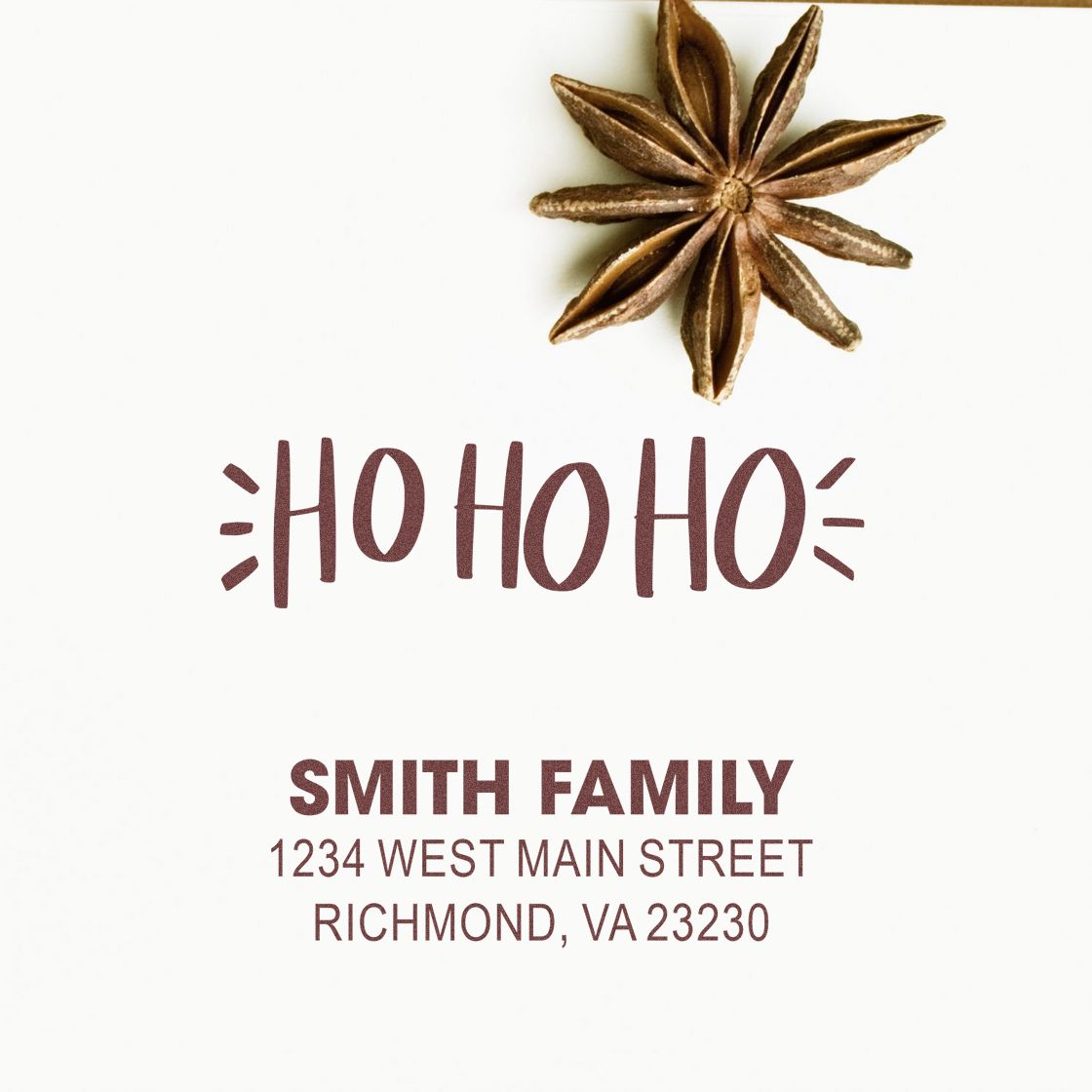 Personalized Christmas return address rubber stamp with Ho Ho Ho greeting and Smith family address