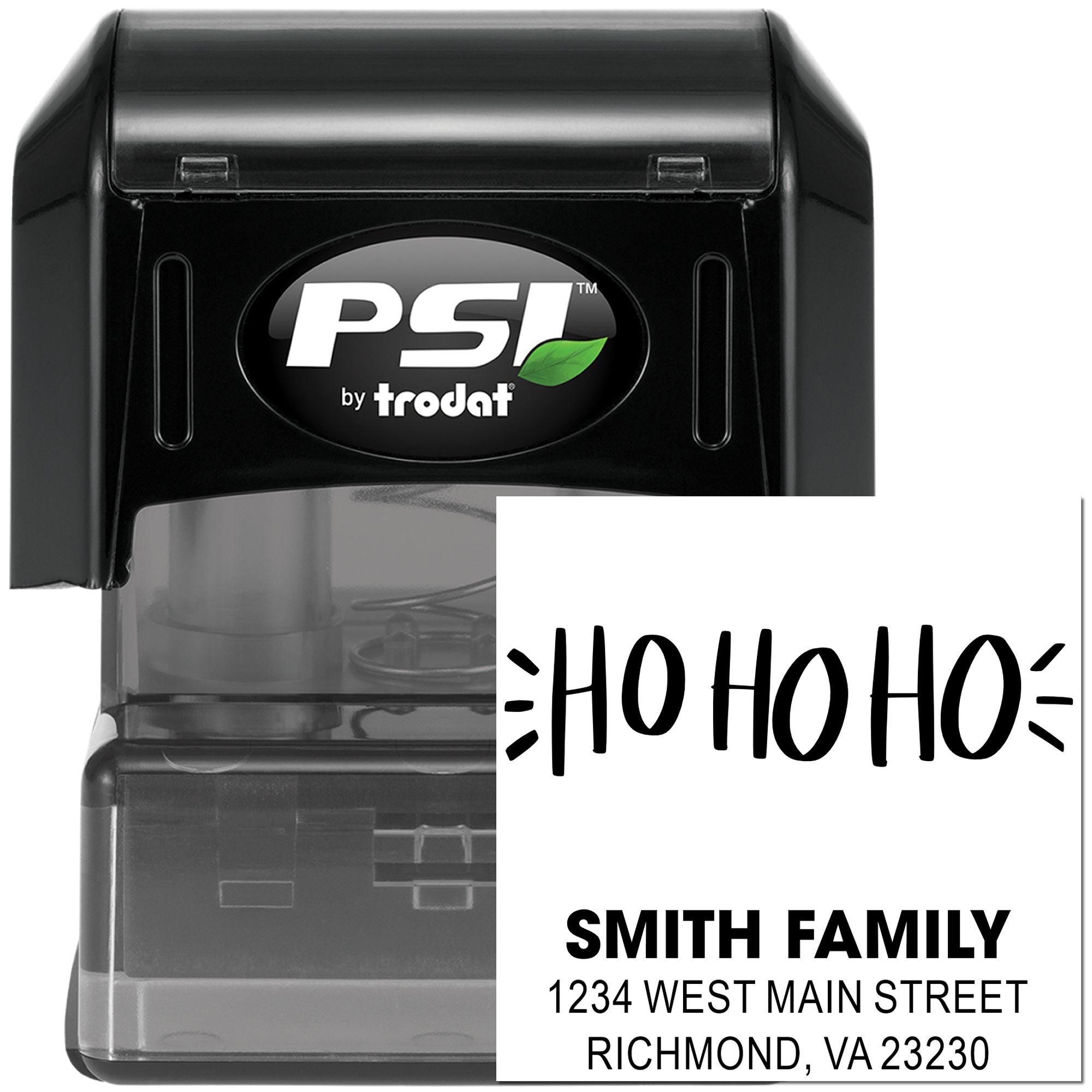 Custom self-inking rubber stamp by PSI by Trodat with holiday HO HO HO personalized return address imprint for Smith family.