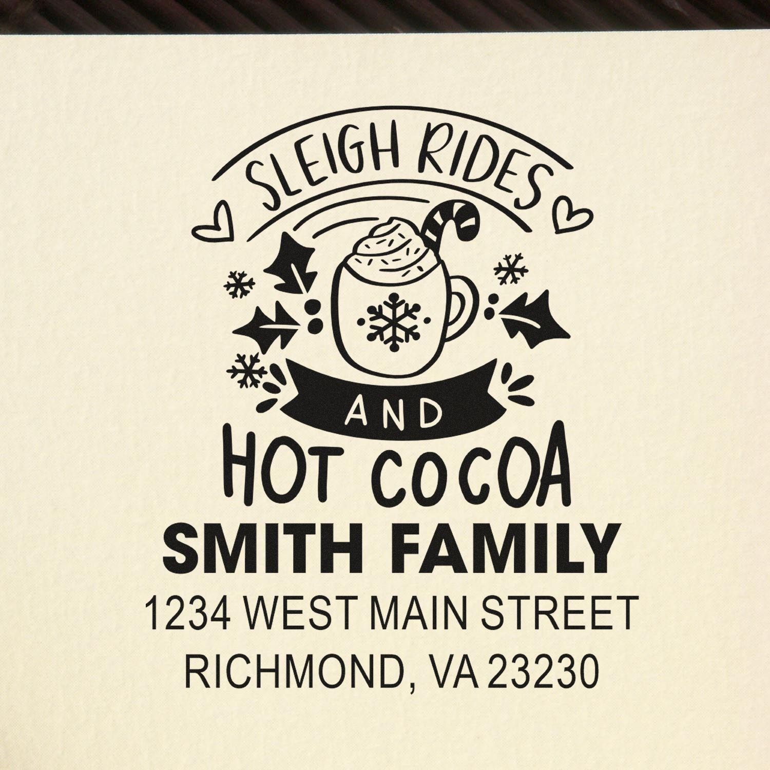Custom holiday return address rubber stamp with sleigh rides and hot cocoa, Smith Family, Richmond, VA.