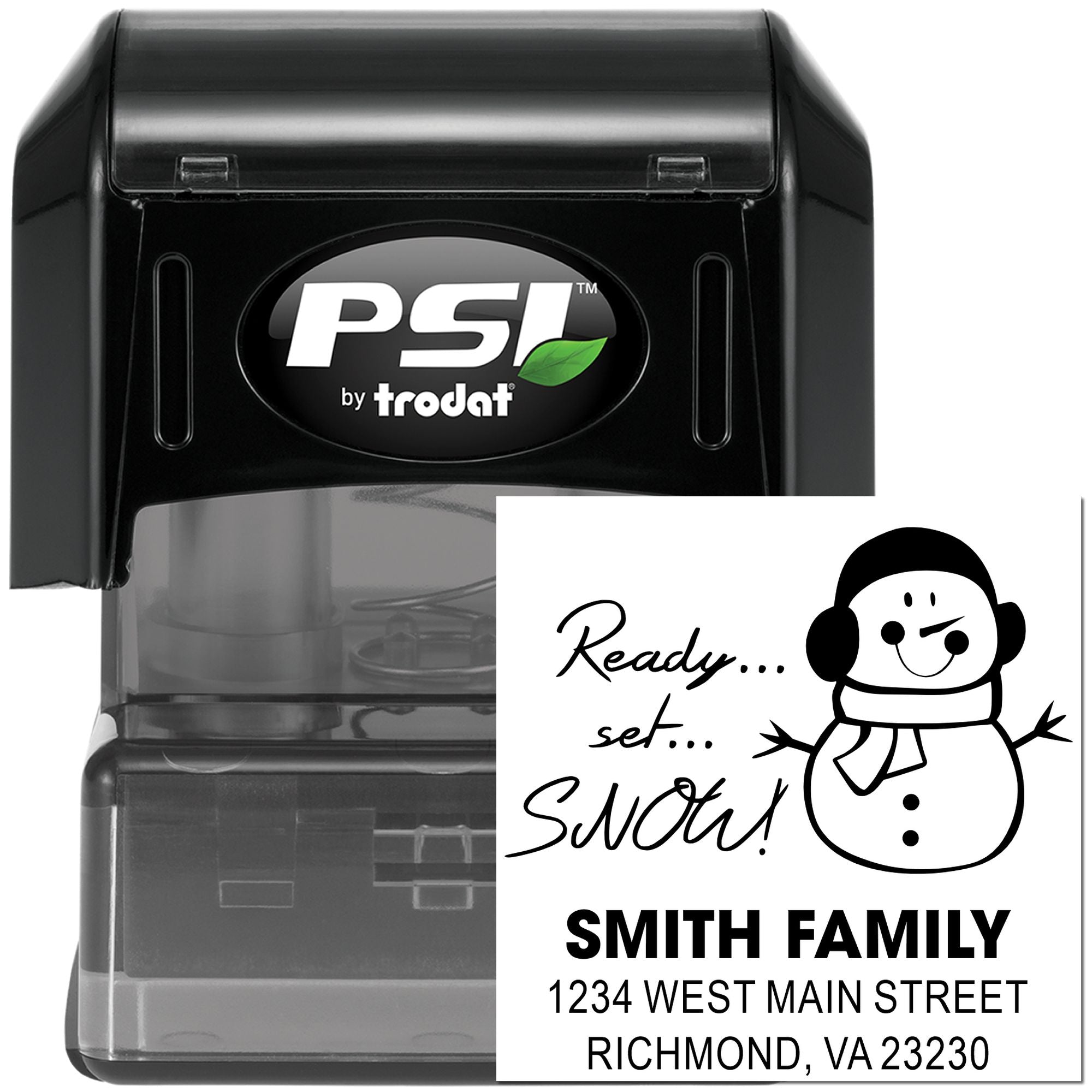 Custom self-inking rubber stamp with snowman holiday design and Smith Family return address, PSI by Trodat.