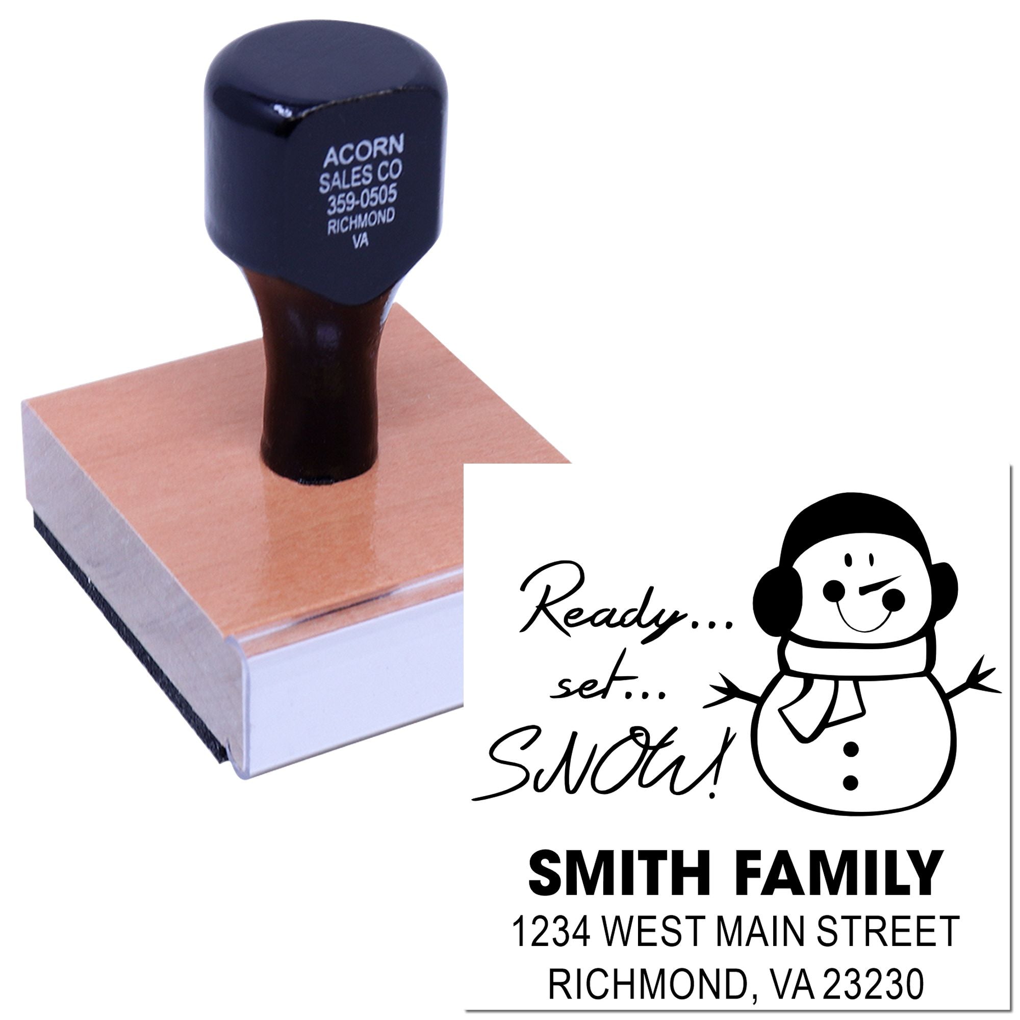 Personalized self-inking rubber address stamp with snowman holiday design for family mailings and Christmas cards.