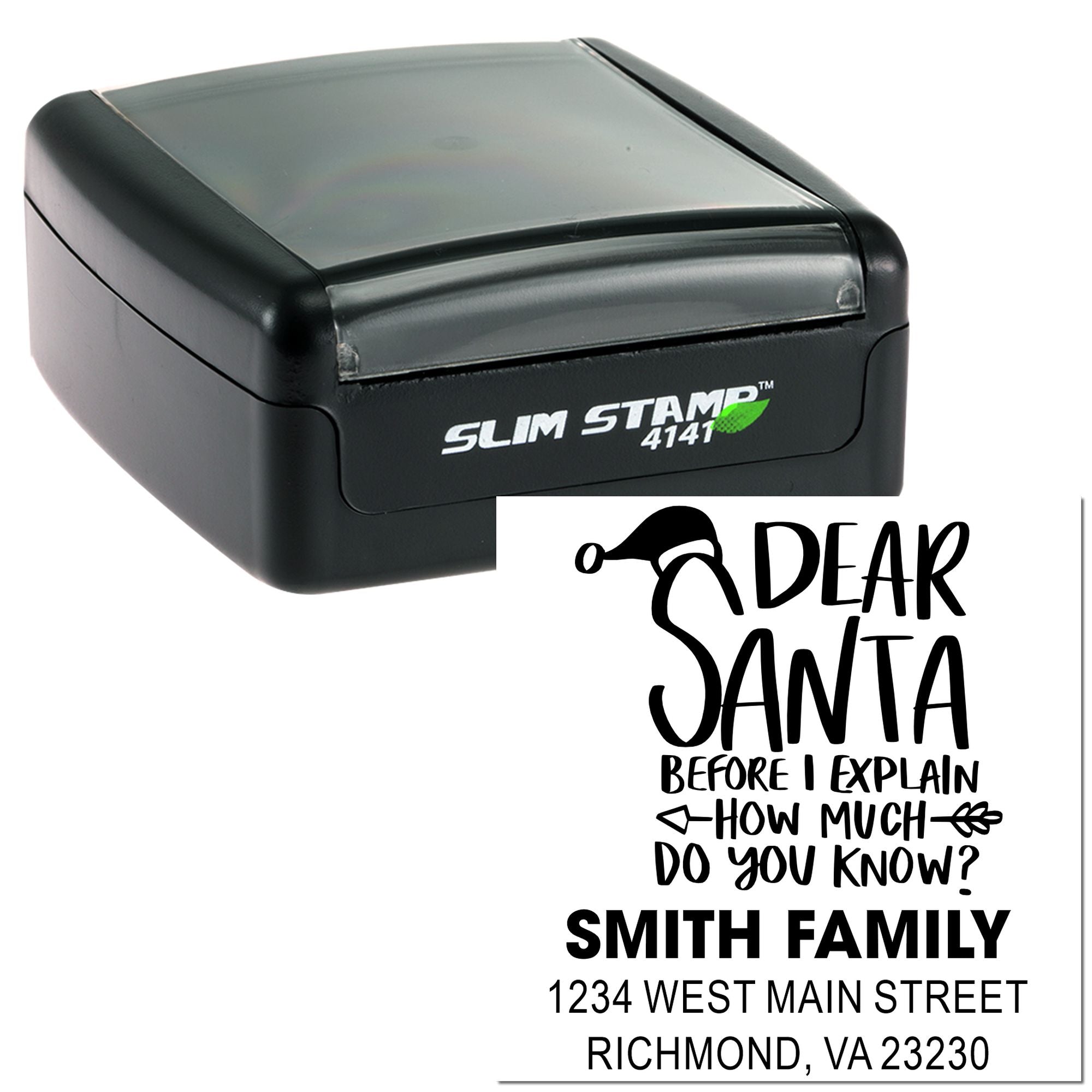 Custom self-inking rubber stamp with personalized return address and Christmas Santa design for holiday mail.