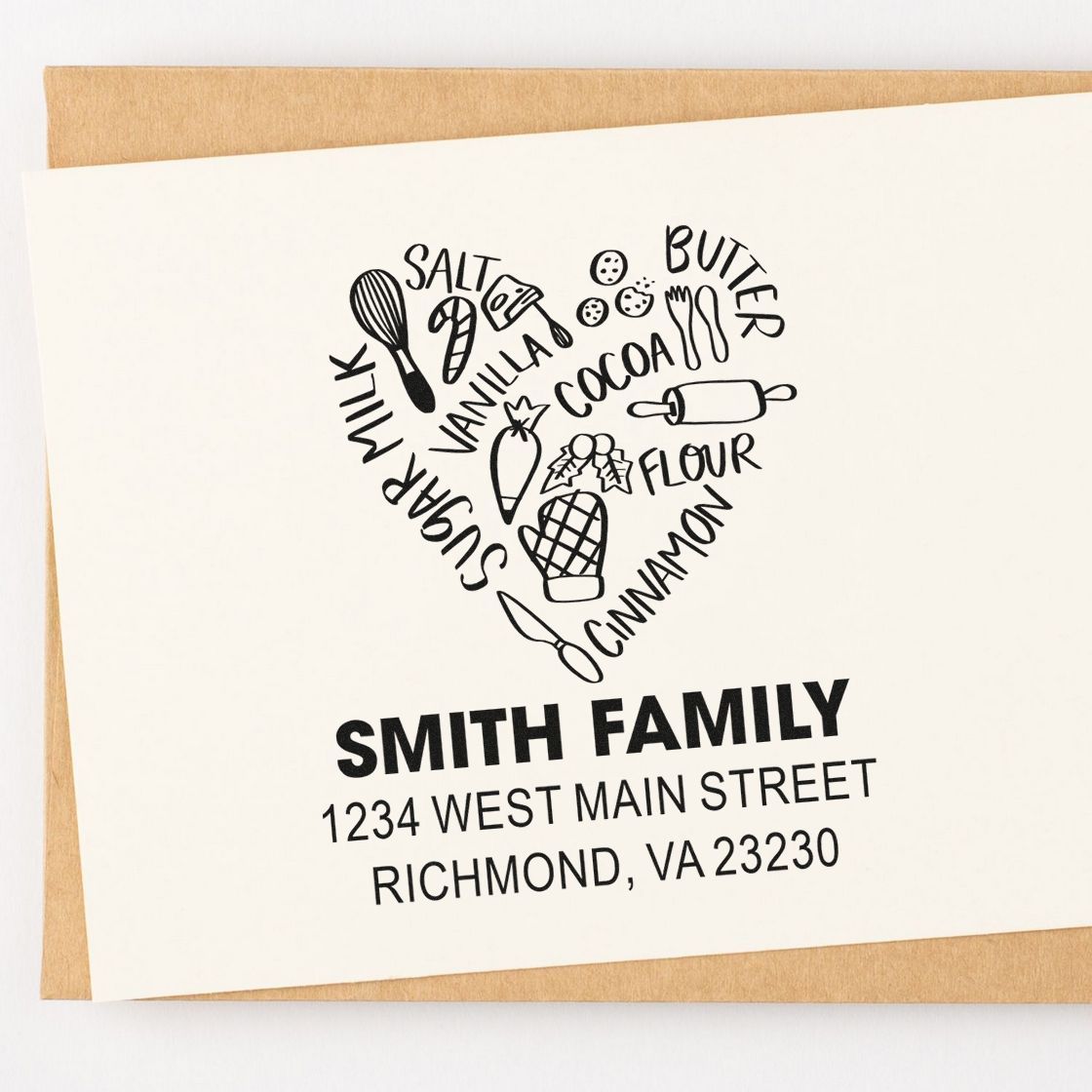 Custom baking-themed rubber stamp with ingredient heart design and Smith Family return address.
