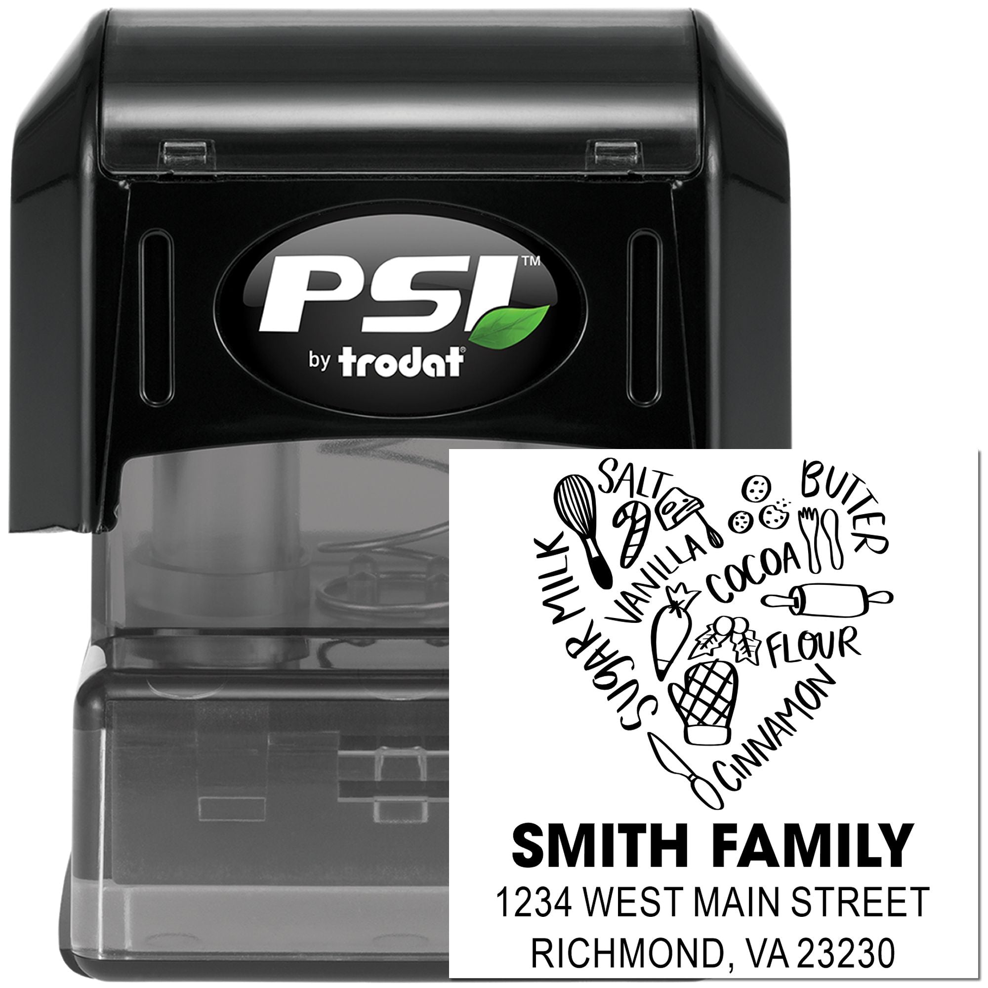 Custom self-inking rubber stamp by PSI Trodat for personalized family recipe labels and address printing with heart-shaped kitchen design.