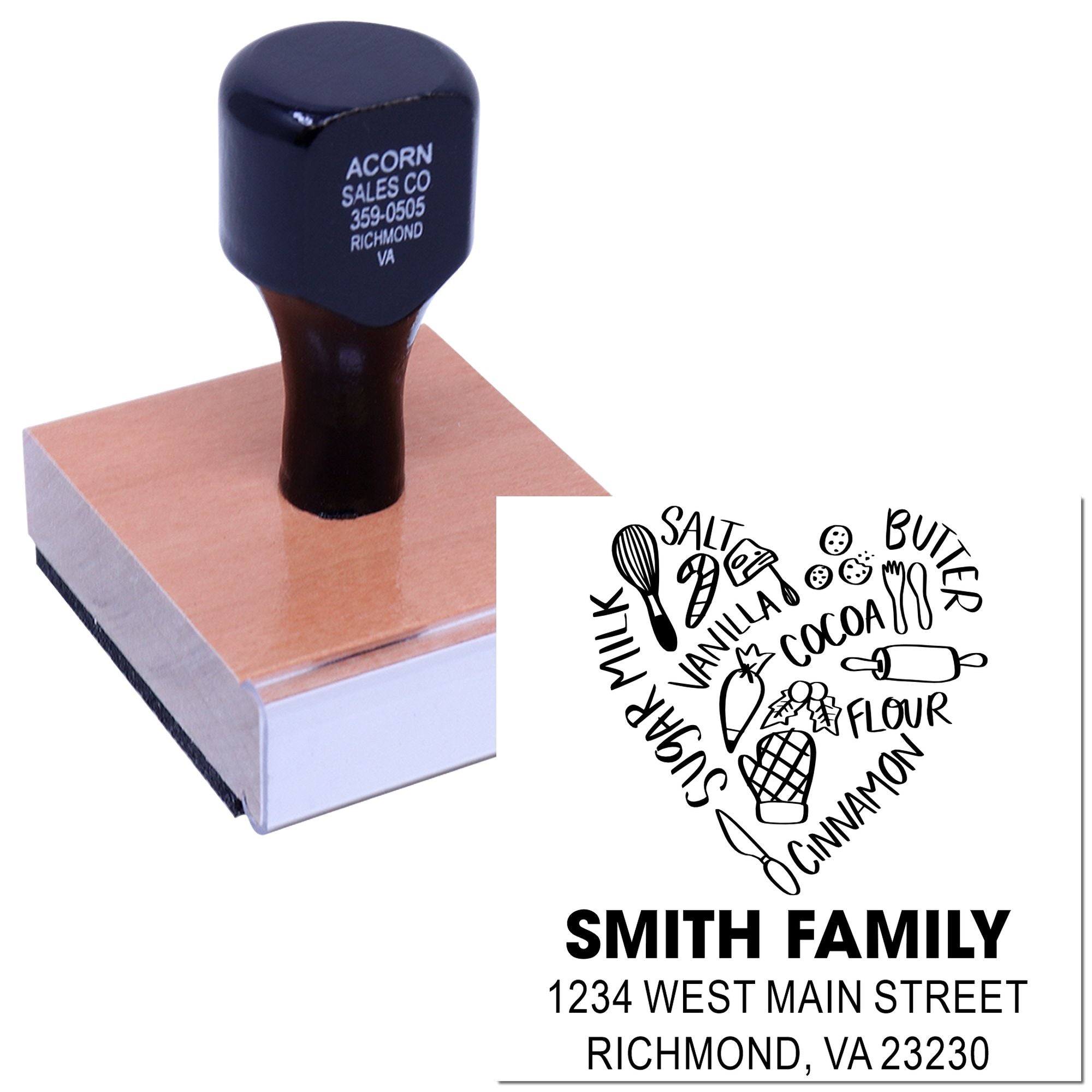 Custom self-inking rubber stamp with family address and kitchen-themed design for personalized mail and gift packaging.