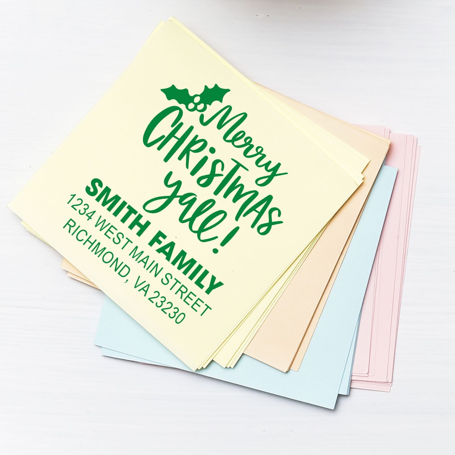Personalized Merry Christmas family return address rubber stamp with holiday greeting and address for card envelopes