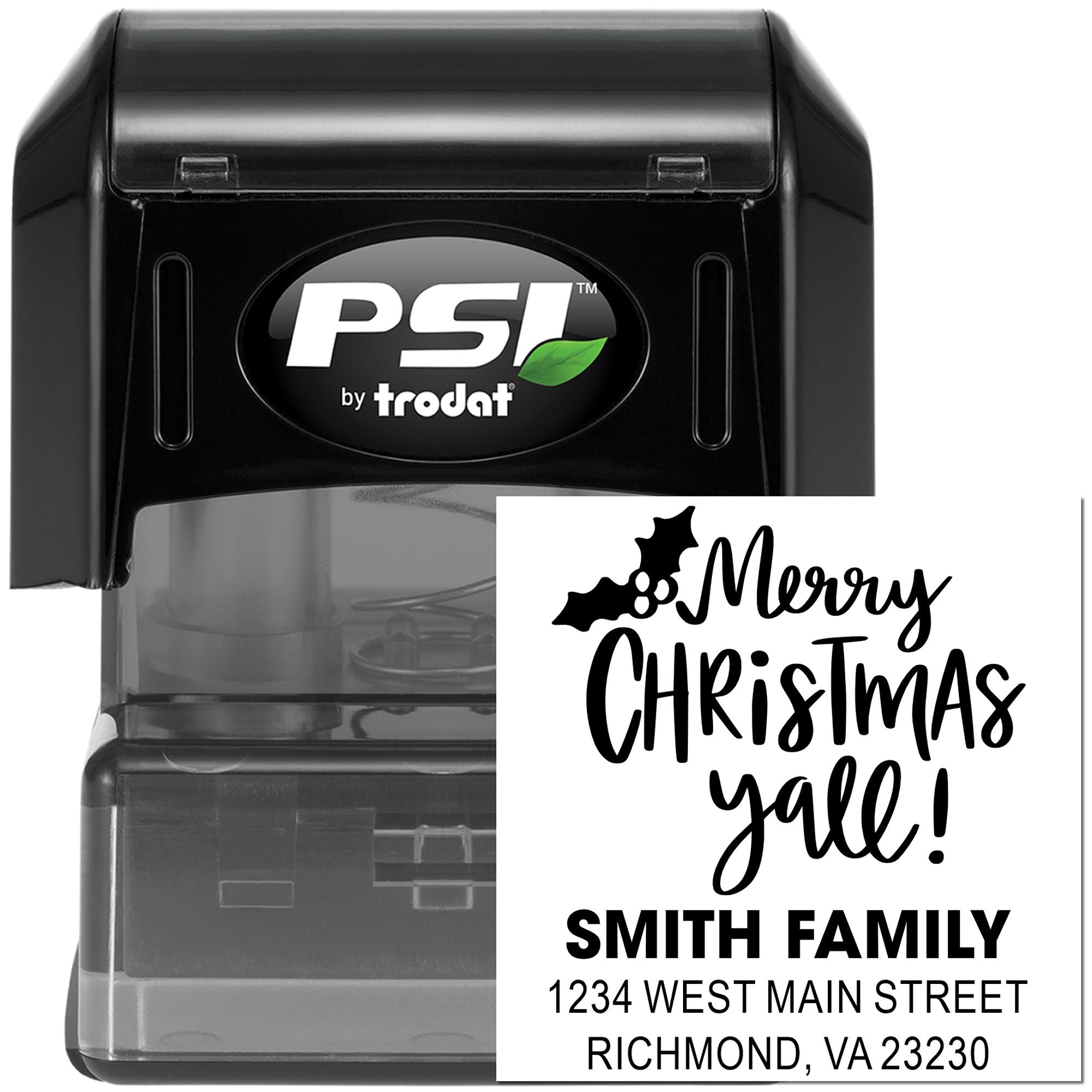 Custom self-inking rubber stamp with Merry Christmas yall return address imprint, PSI by Trodat, for holiday cards.
