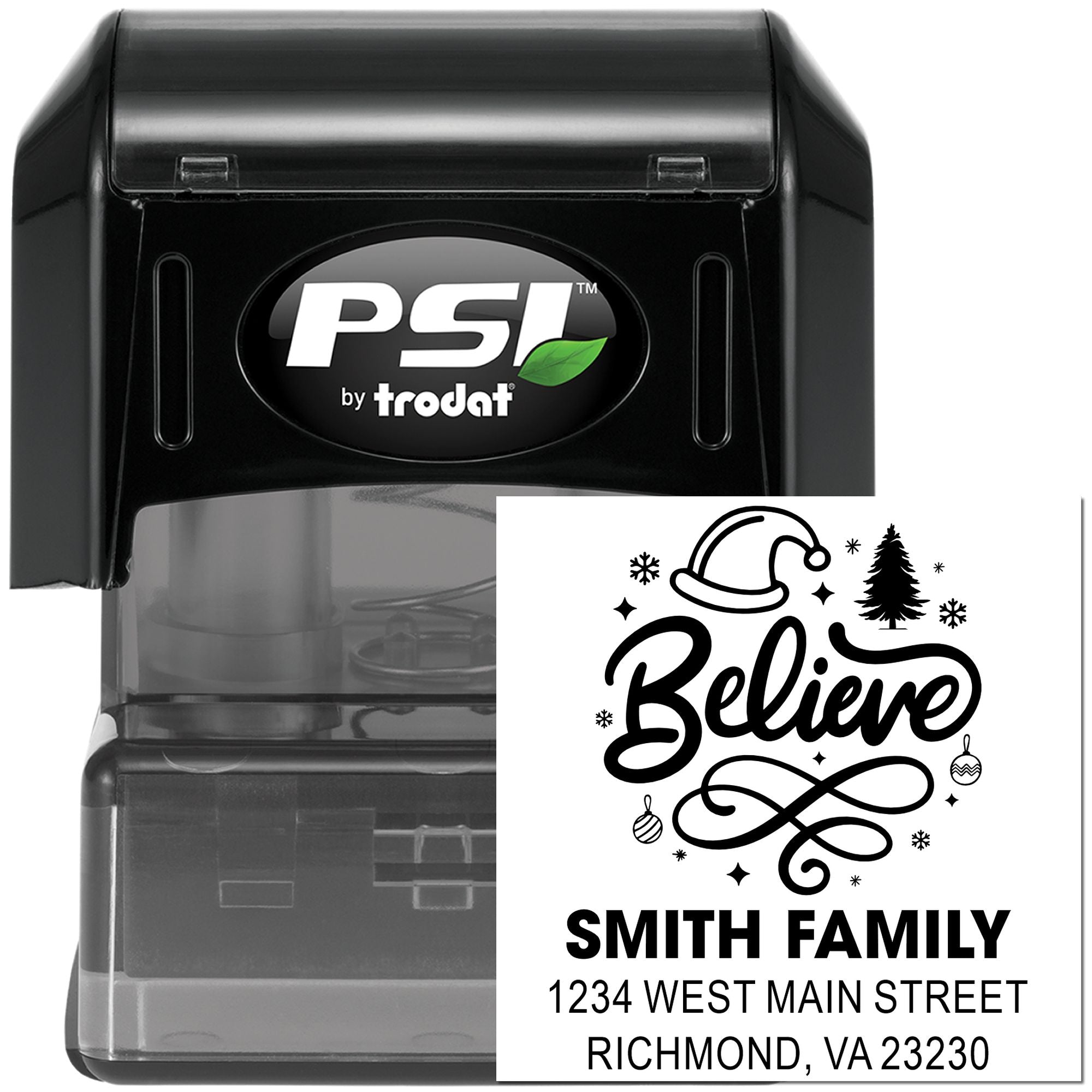 Custom Christmas return address rubber stamp with Believe design, self-inking PSI by Trodat stamp for holiday mail.