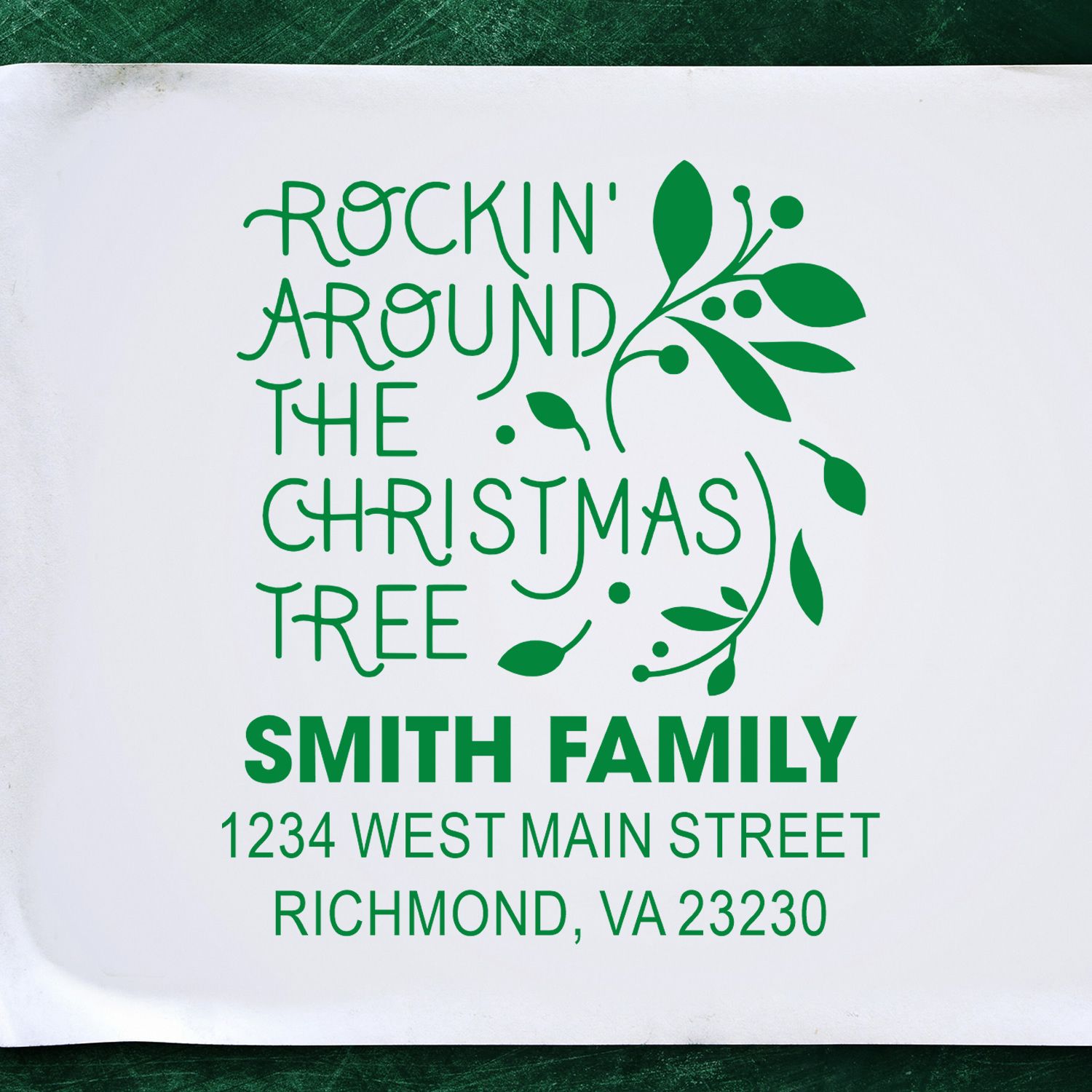 Personalized holiday rubber stamp with Rockin Around the Christmas Tree, Smith family name, and Richmond, VA address.