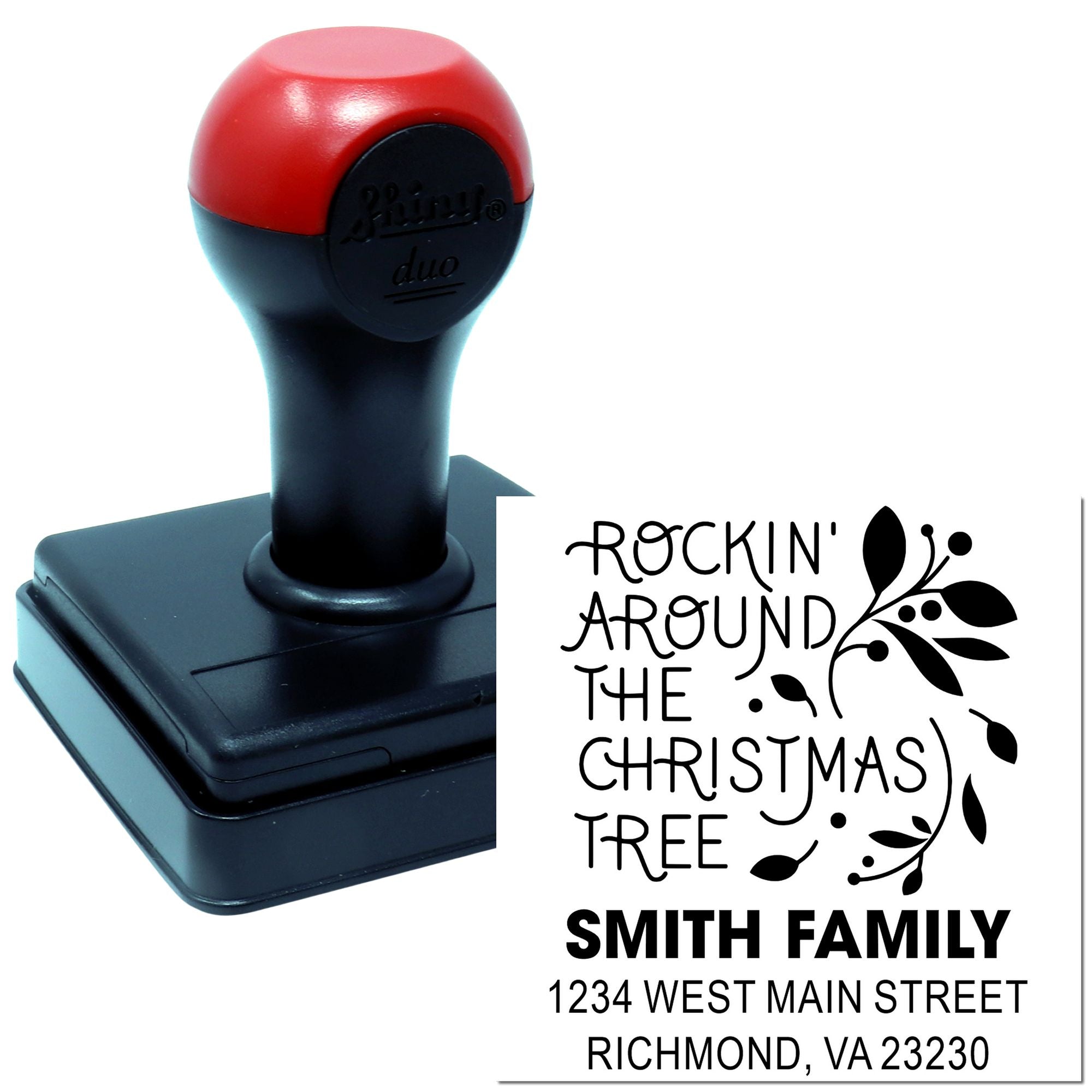 Custom Christmas rubber stamp with family return address and festive Rockin Around the Christmas Tree holiday design.