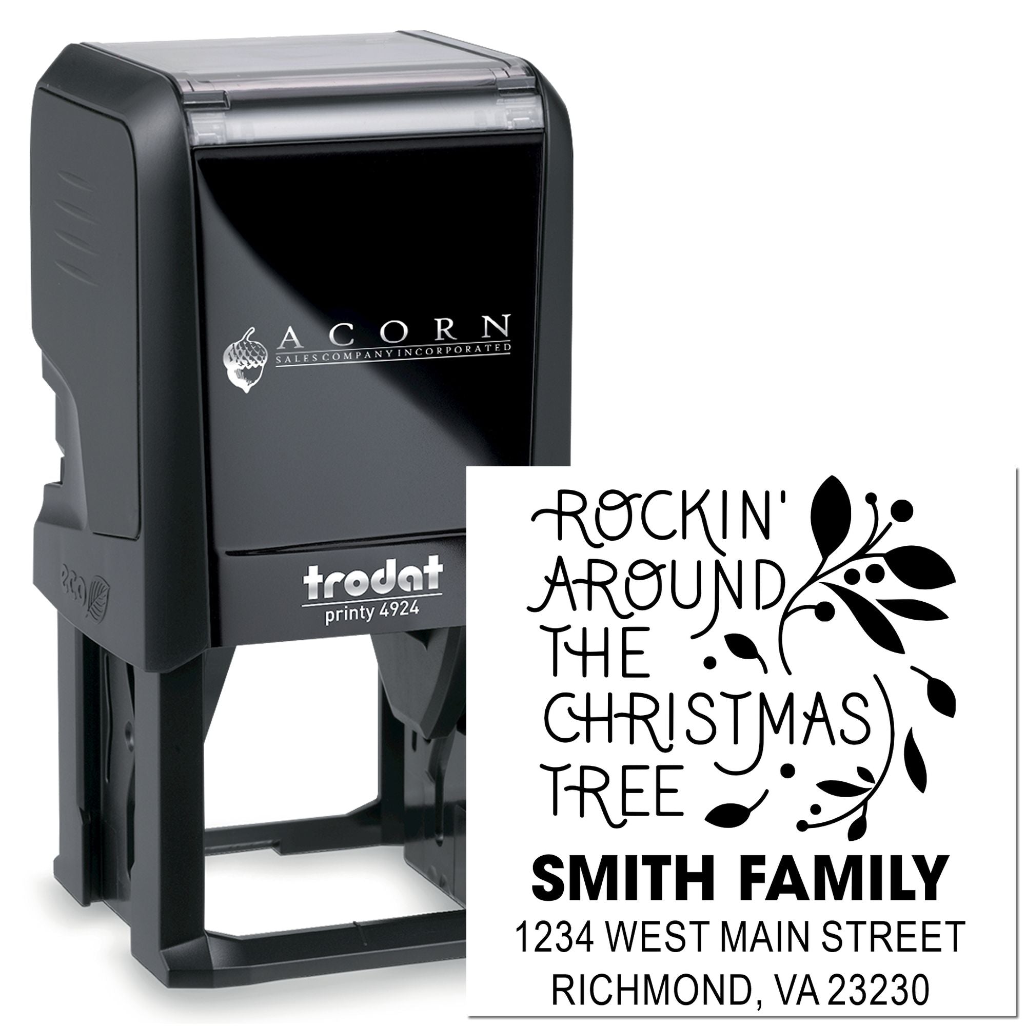 Custom self-inking rubber stamp with Rockin' Around the Christmas Tree return address design for holiday mailing