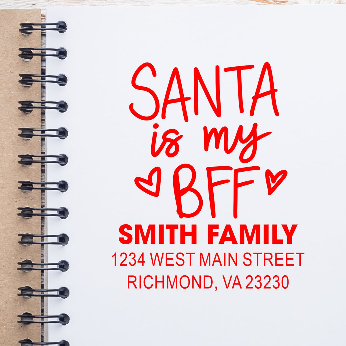 Personalized Santa Is My BFF rubber stamp with Smith family name and address for holiday cards and Christmas mailings.