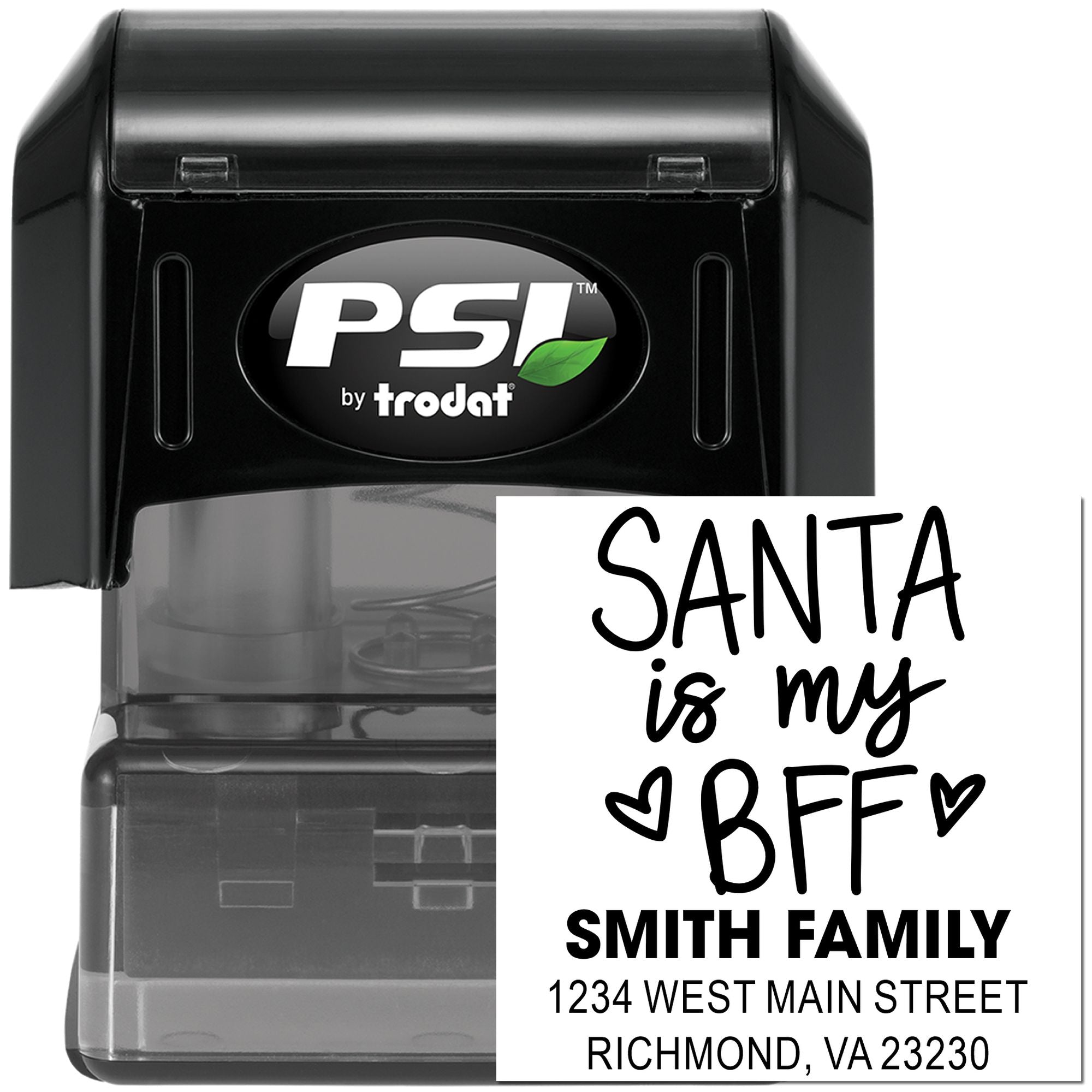 Custom self-inking address rubber stamp by PSI by Trodat with Santa is my BFF holiday message for Smith family.