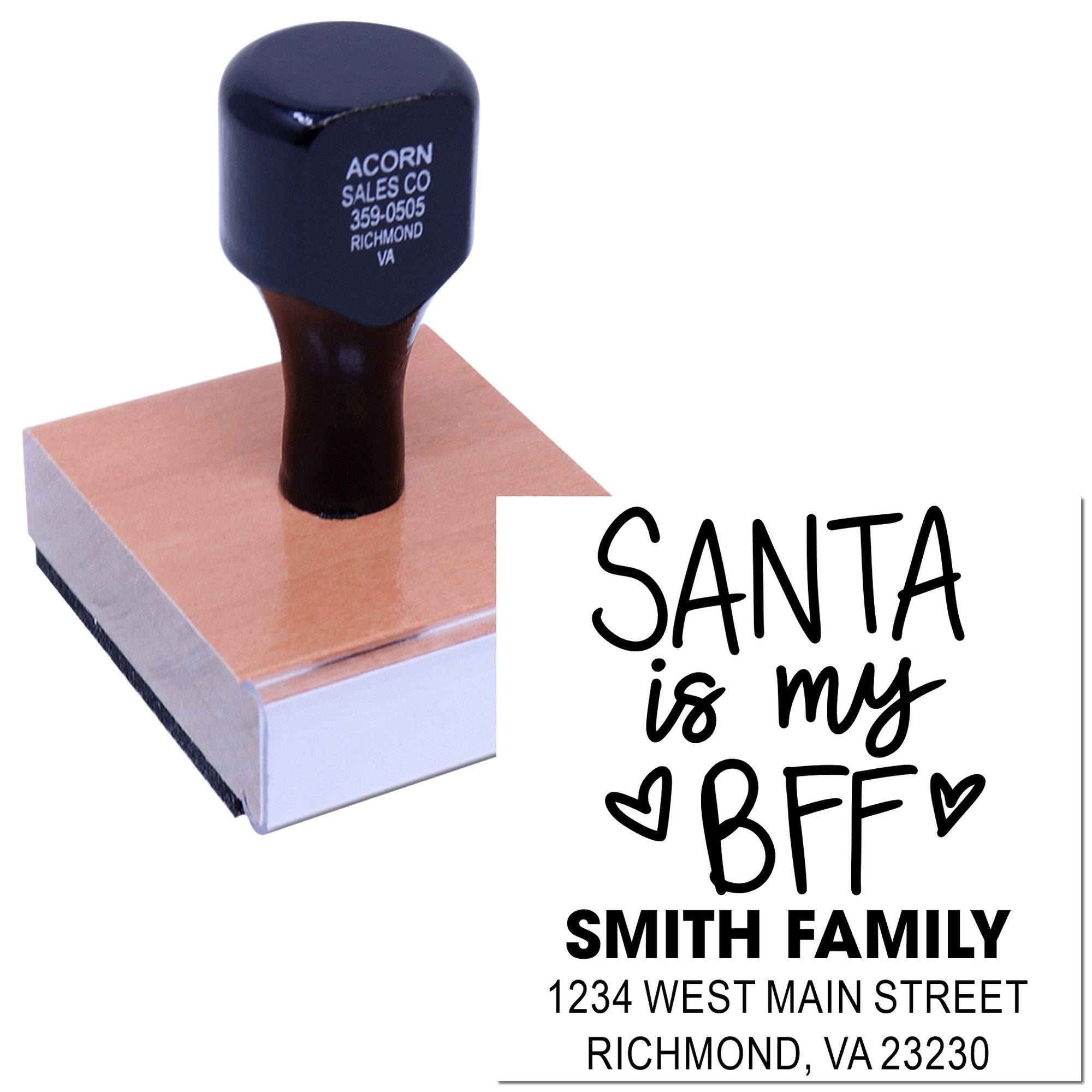 Personalized holiday rubber stamp with Santa is my BFF and Smith Family return address for Christmas cards