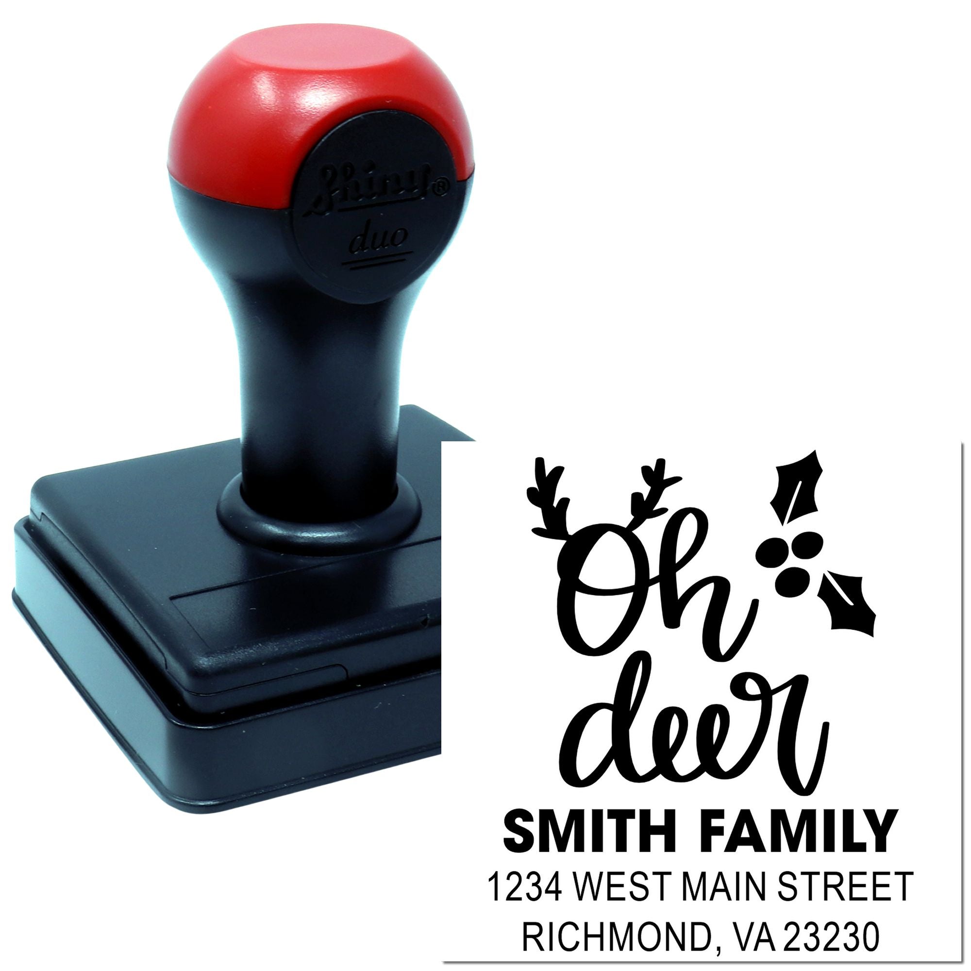 Custom self-inking address stamp with Oh deer holiday design and Smith family return address imprint.