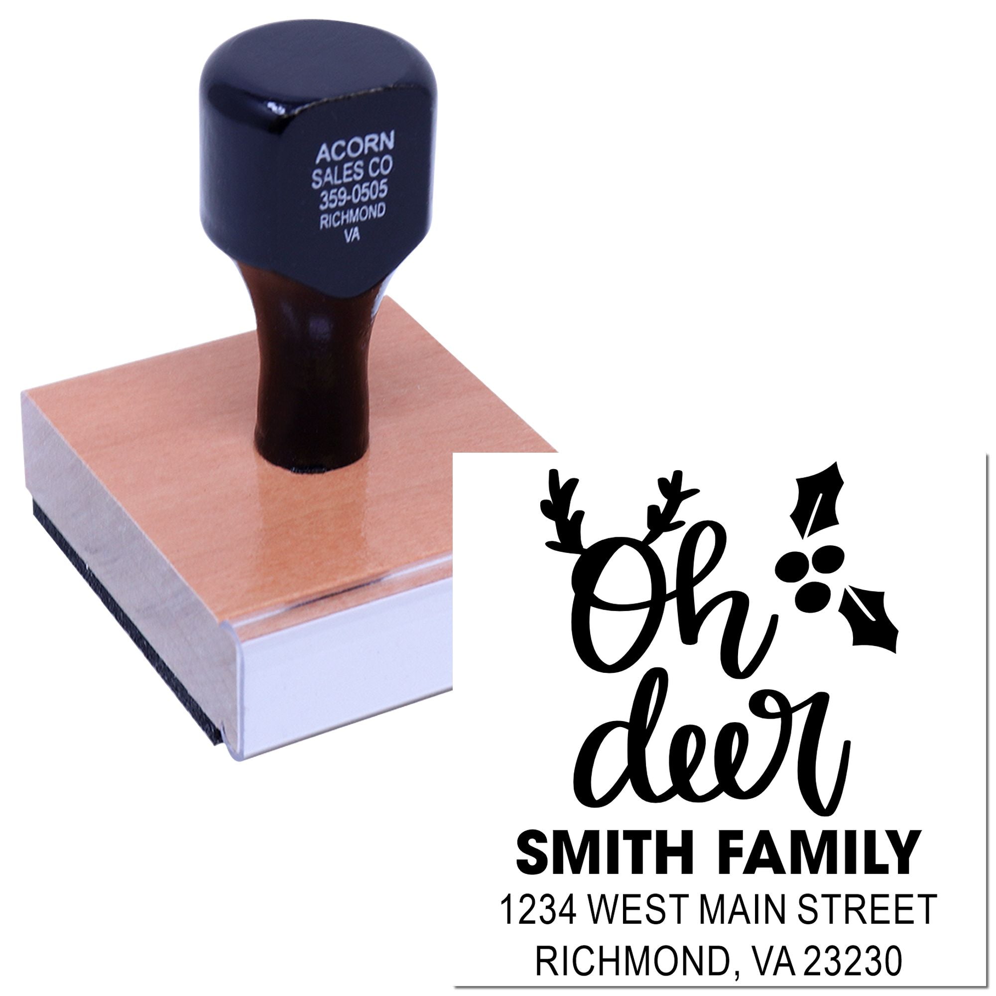 Custom holiday return address rubber stamp with Oh deer design for Smith Family cards and envelopes.
