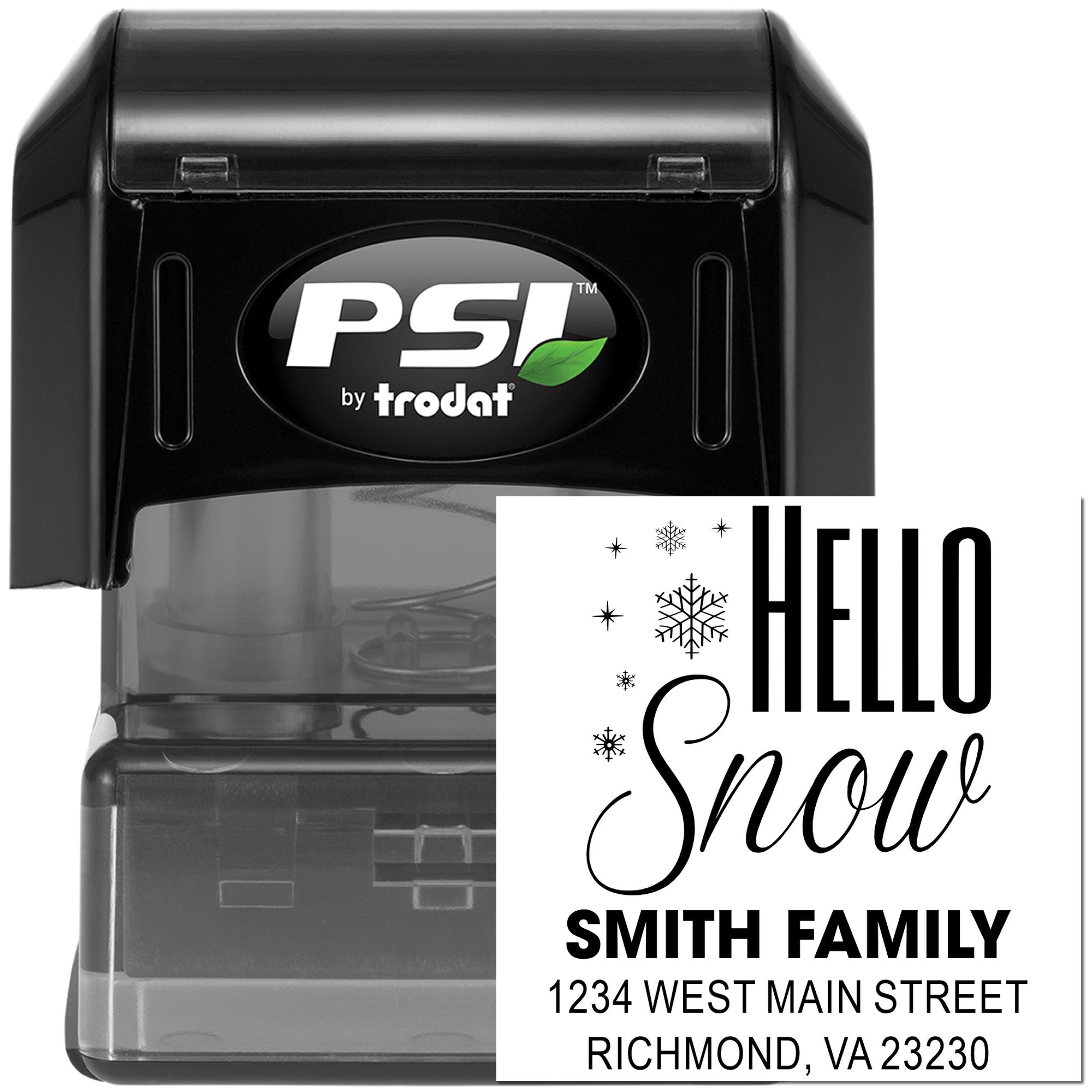 PSI by Trodat self-inking rubber stamp with personalized Hello Snow family address design for winter cards and mail