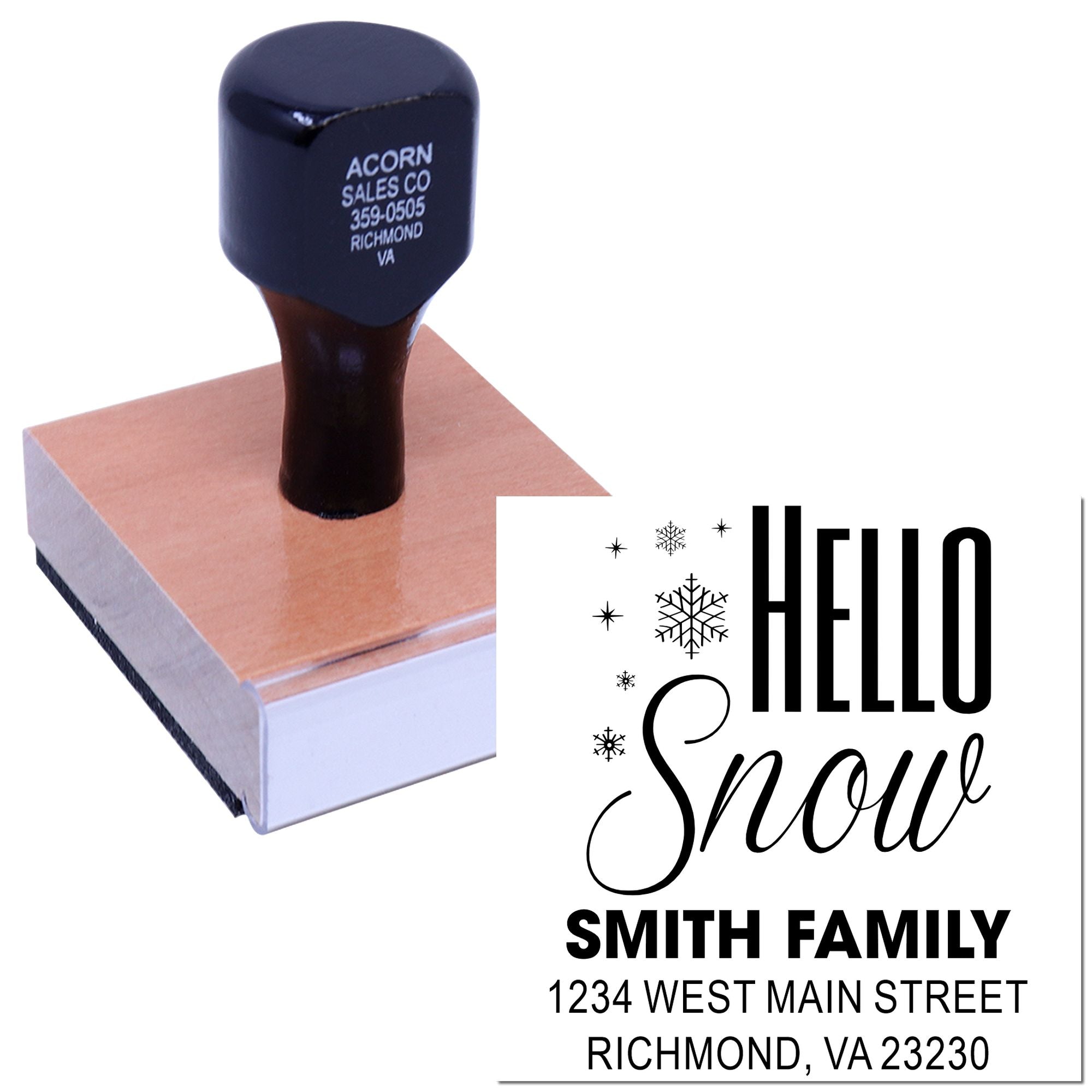Custom rubber address stamp with Hello Snow holiday design for Smith family return addresses and winter mailings.