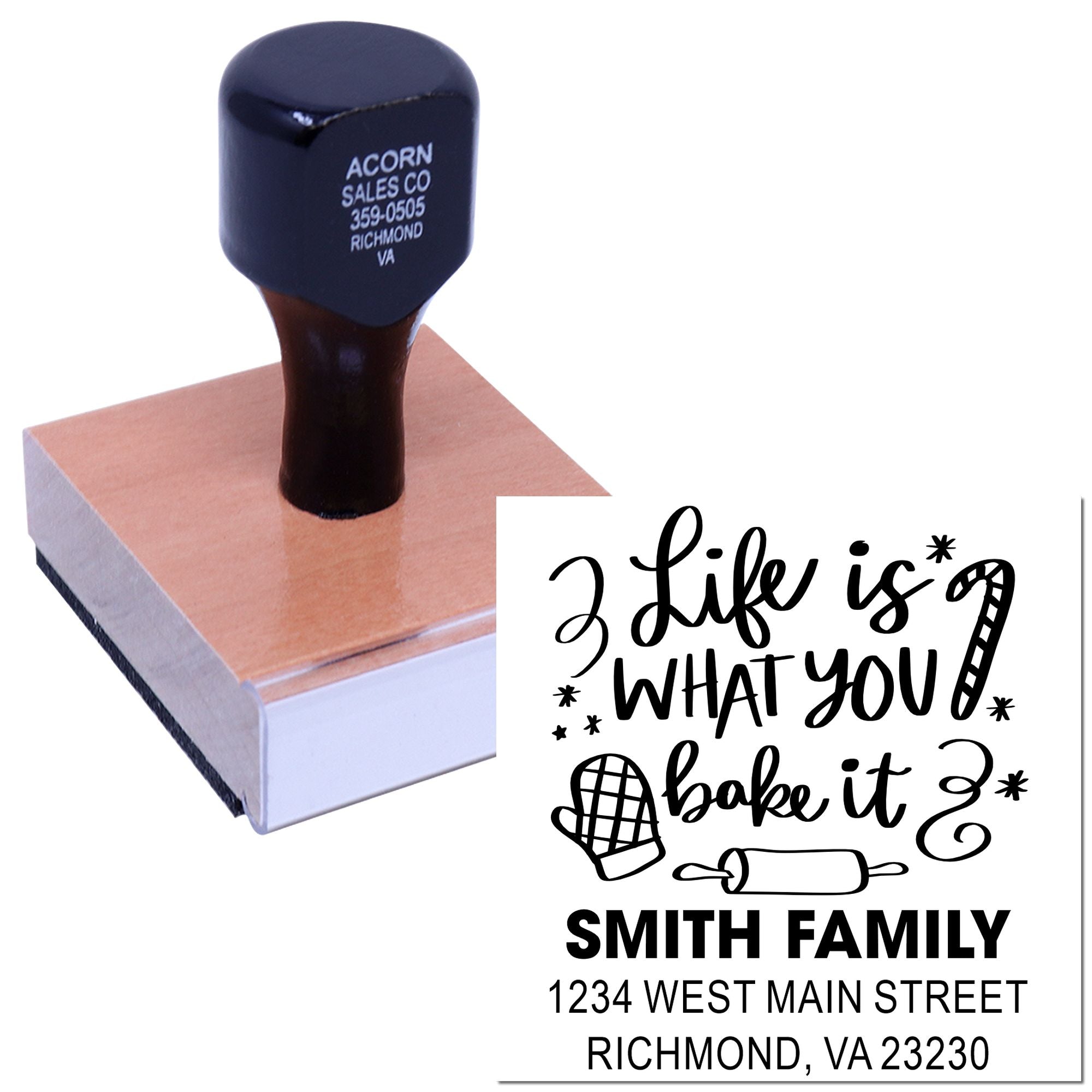 Custom rubber address stamp with family name and Life is what you bake it design for personalized stationery and envelopes.