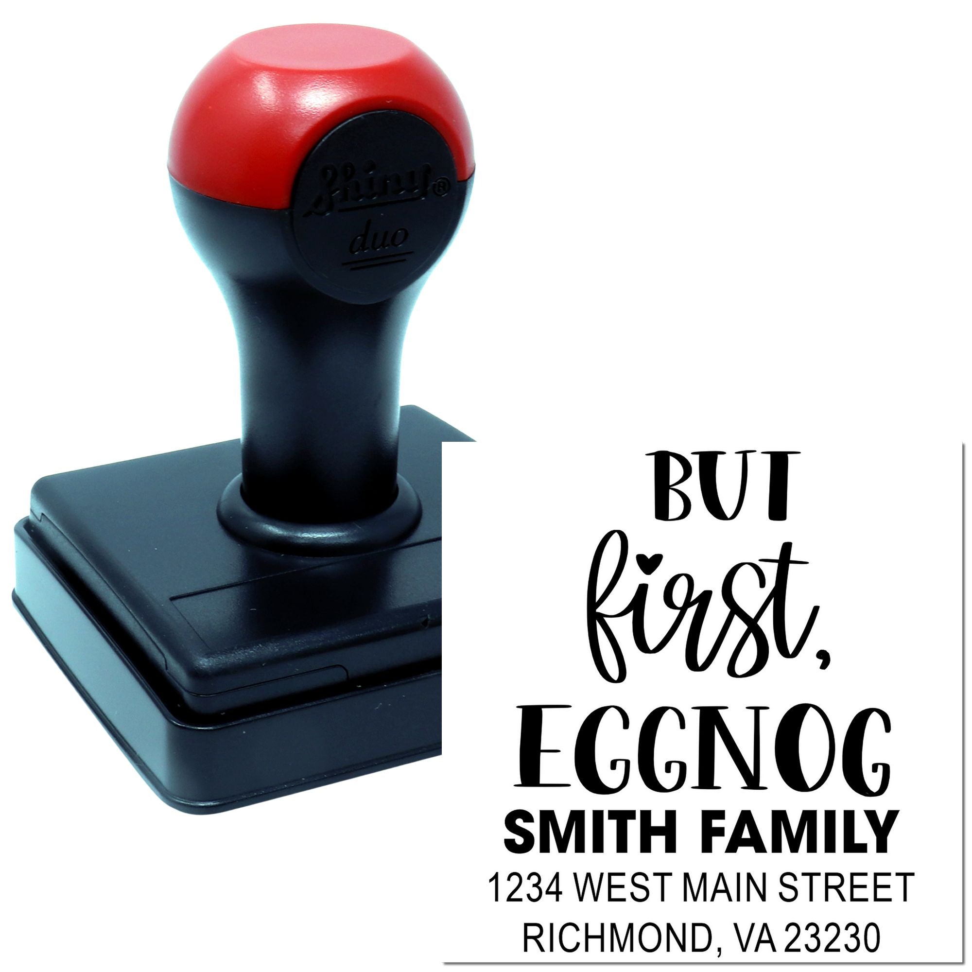 Custom self-inking rubber address stamp with holiday But First, Eggnog return address design for mailing