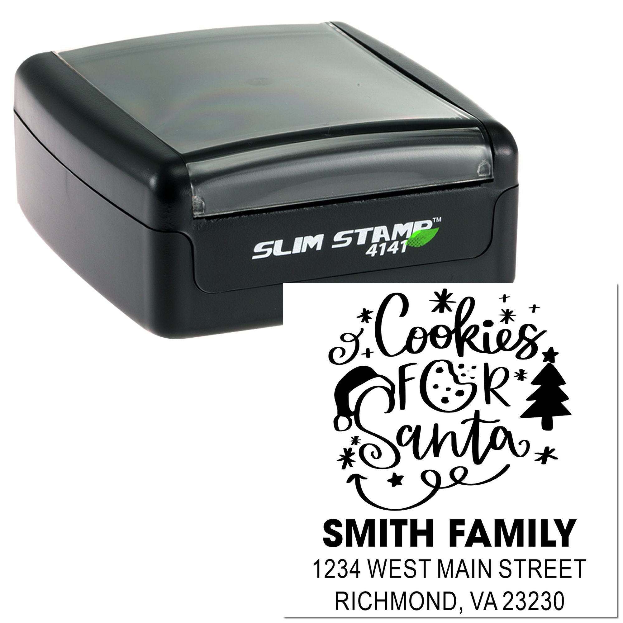 Self-inking Slim Stamp 4141 rubber stamp with custom Christmas return address design for Cookies for Santa, Smith Family, Richmond VA.