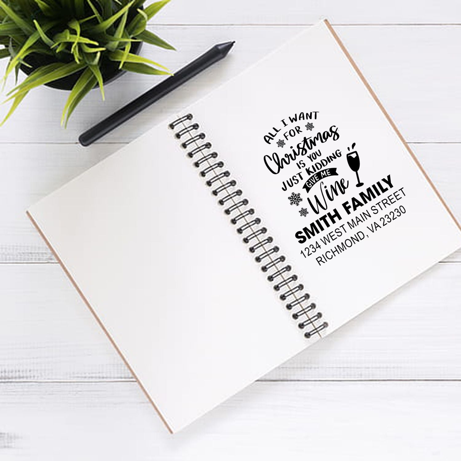 Custom Christmas address rubber stamp for family holiday cards with festive wine quote and return address design.