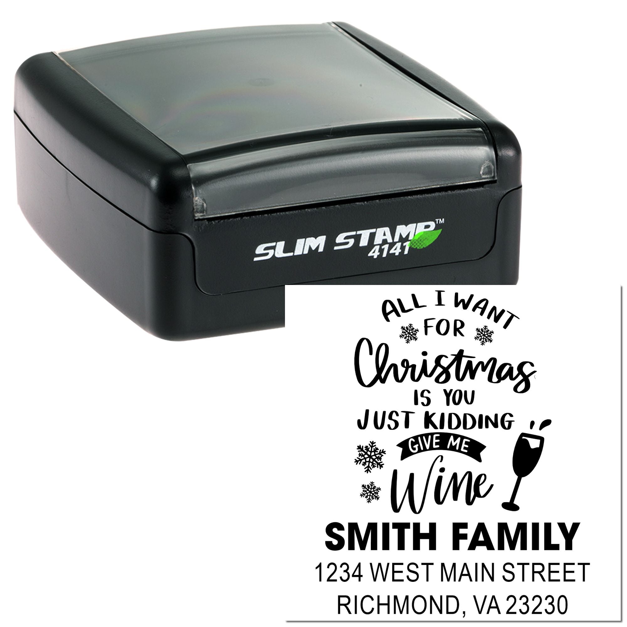 Custom self-inking rubber stamp with holiday return address design for Christmas cards and family mailings