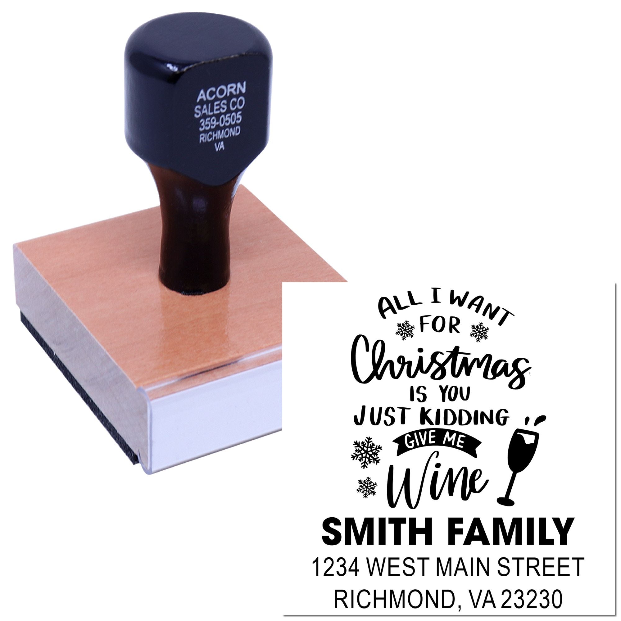 Custom Christmas rubber stamp with festive wine message, family name, and address for personalized holiday cards and gifts.