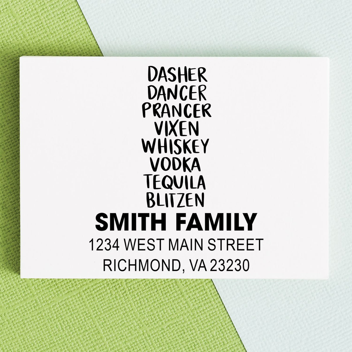 Custom holiday address rubber stamp for Smith Family, featuring Dasher Dancer Prancer Vixen and return mailing address.