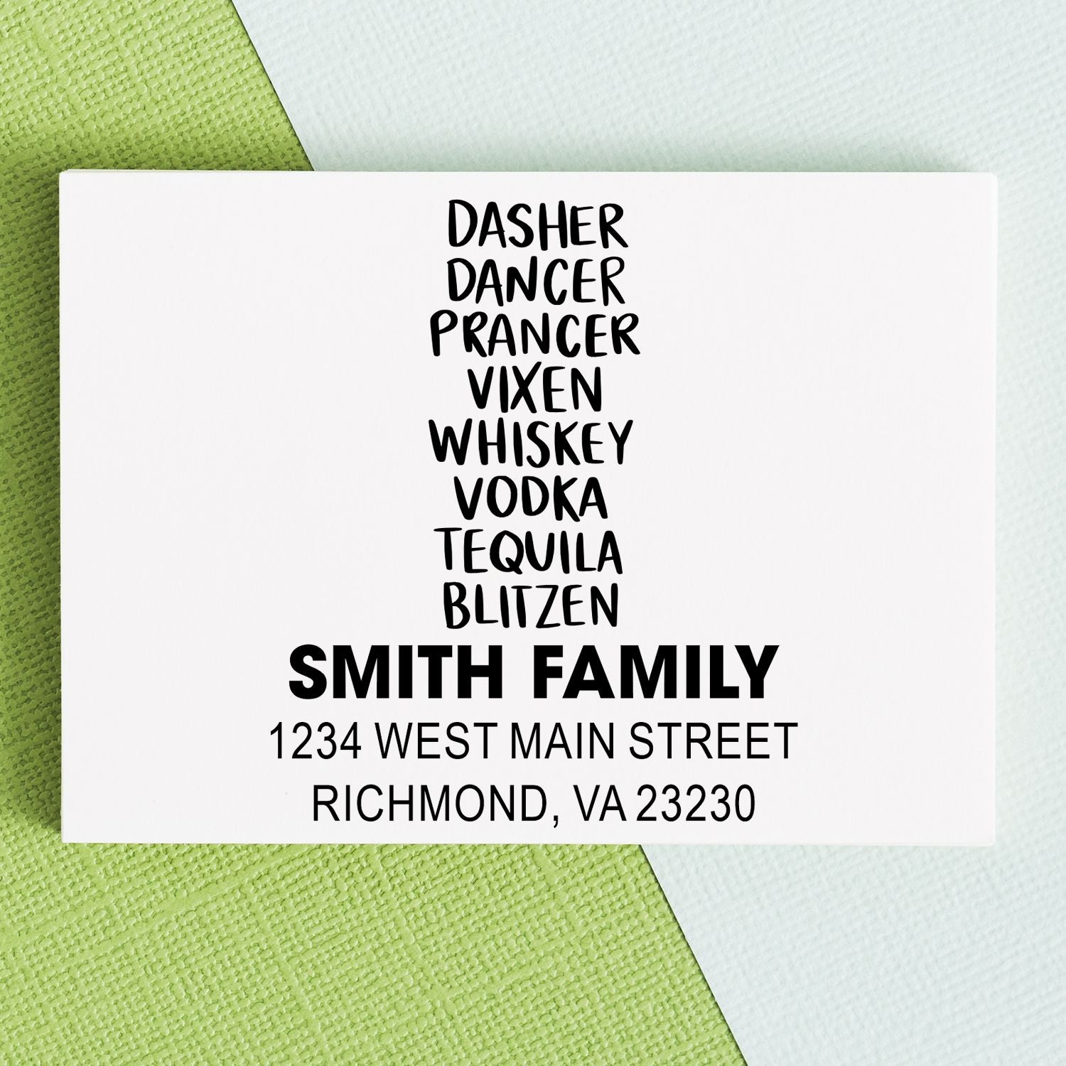 Custom holiday return address rubber stamp with Dasher Dancer Prancer design and personalized Smith family address.