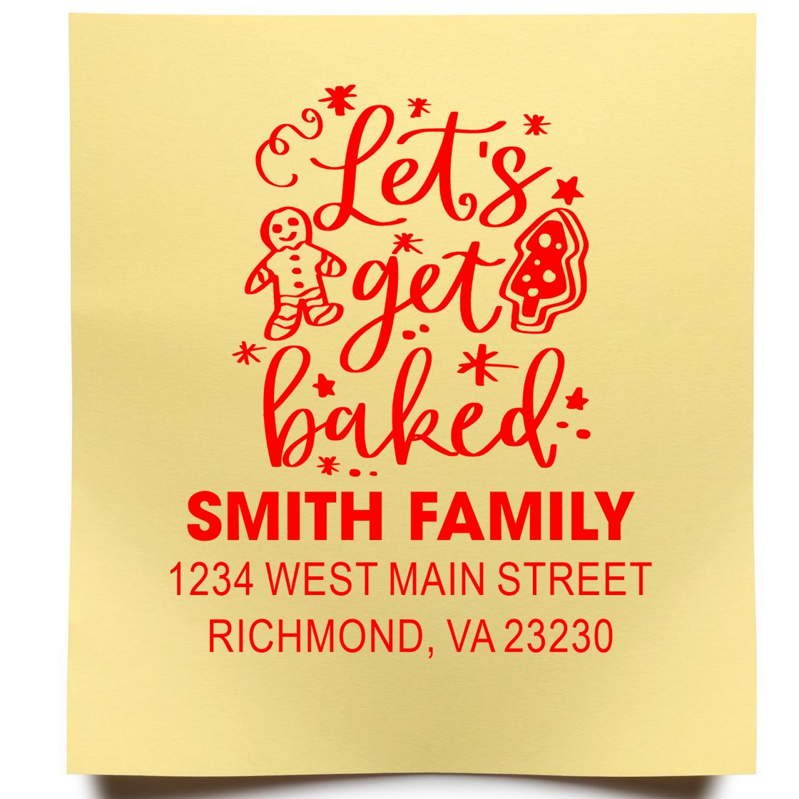 Custom holiday baking return address rubber stamp with Lets Get Baked gingerbread design for the Smith family in Richmond, VA.