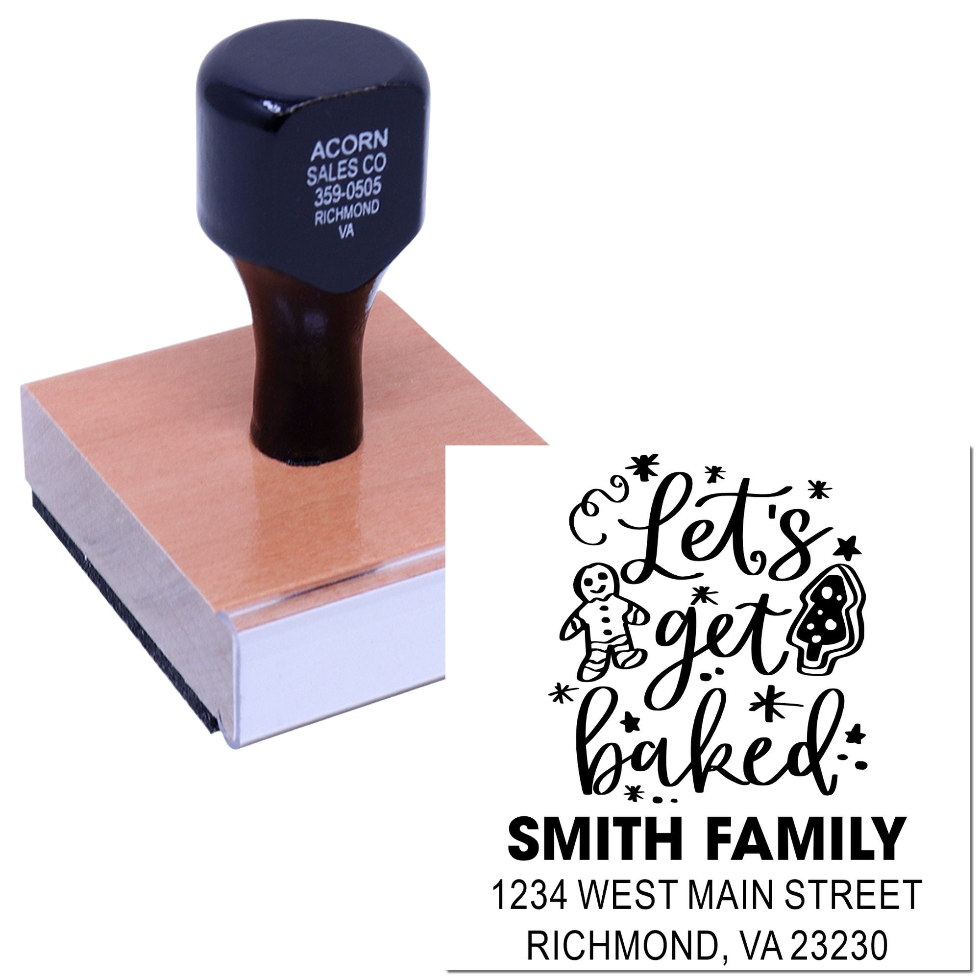 Personalized holiday rubber stamp with Lets get baked return address design for festive cookie packaging and mailings.