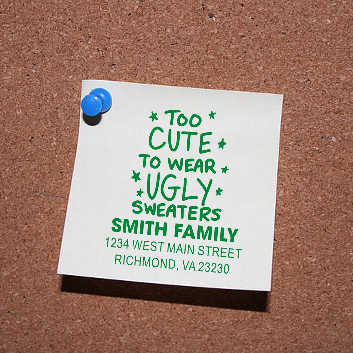 Custom family address rubber stamp with Too Cute to Wear Ugly Sweaters holiday design and Richmond, VA return address